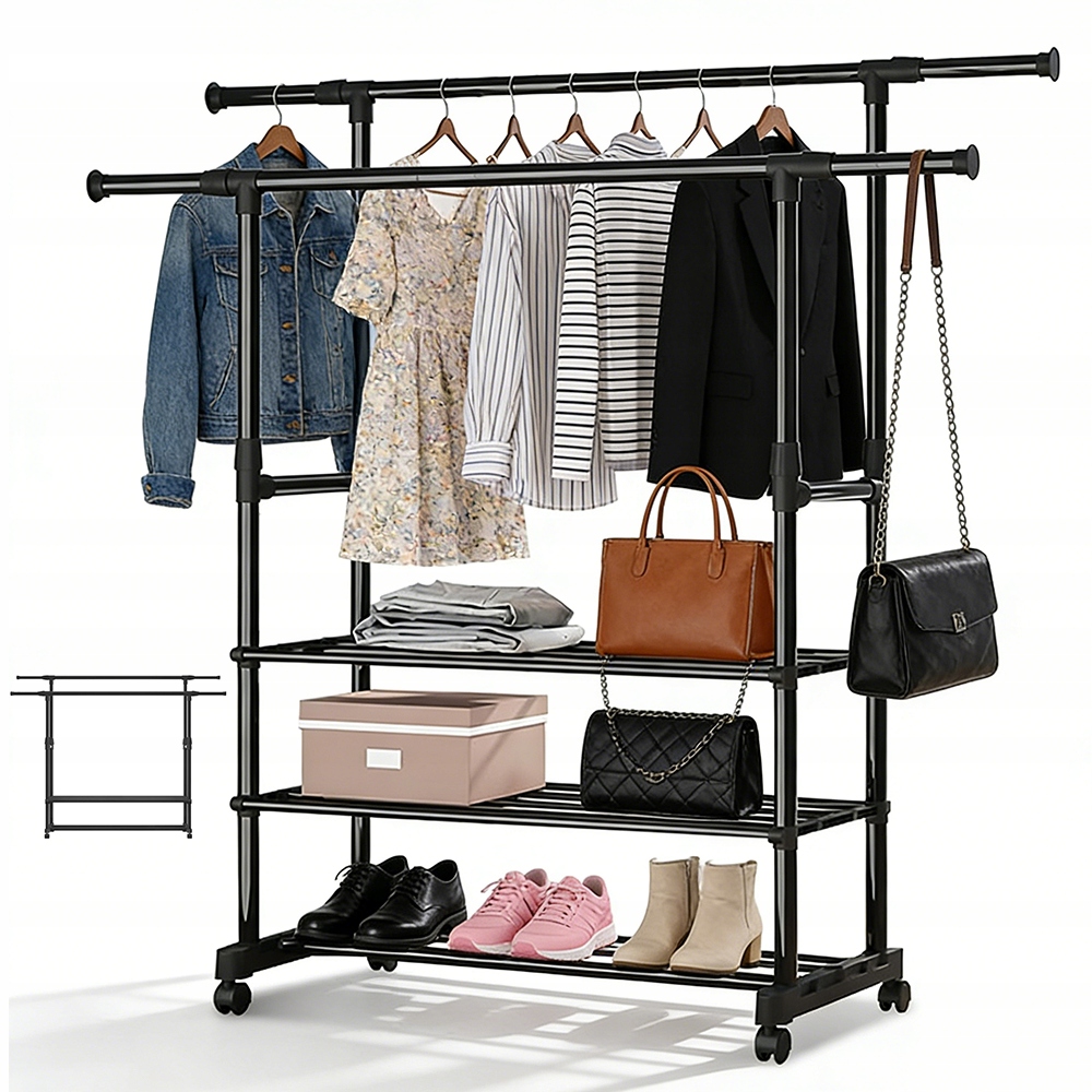 Levně Stojanový Věšák Na Oblečení, Podlahový Stojan, Dvojitý Kovový, S Kolečky