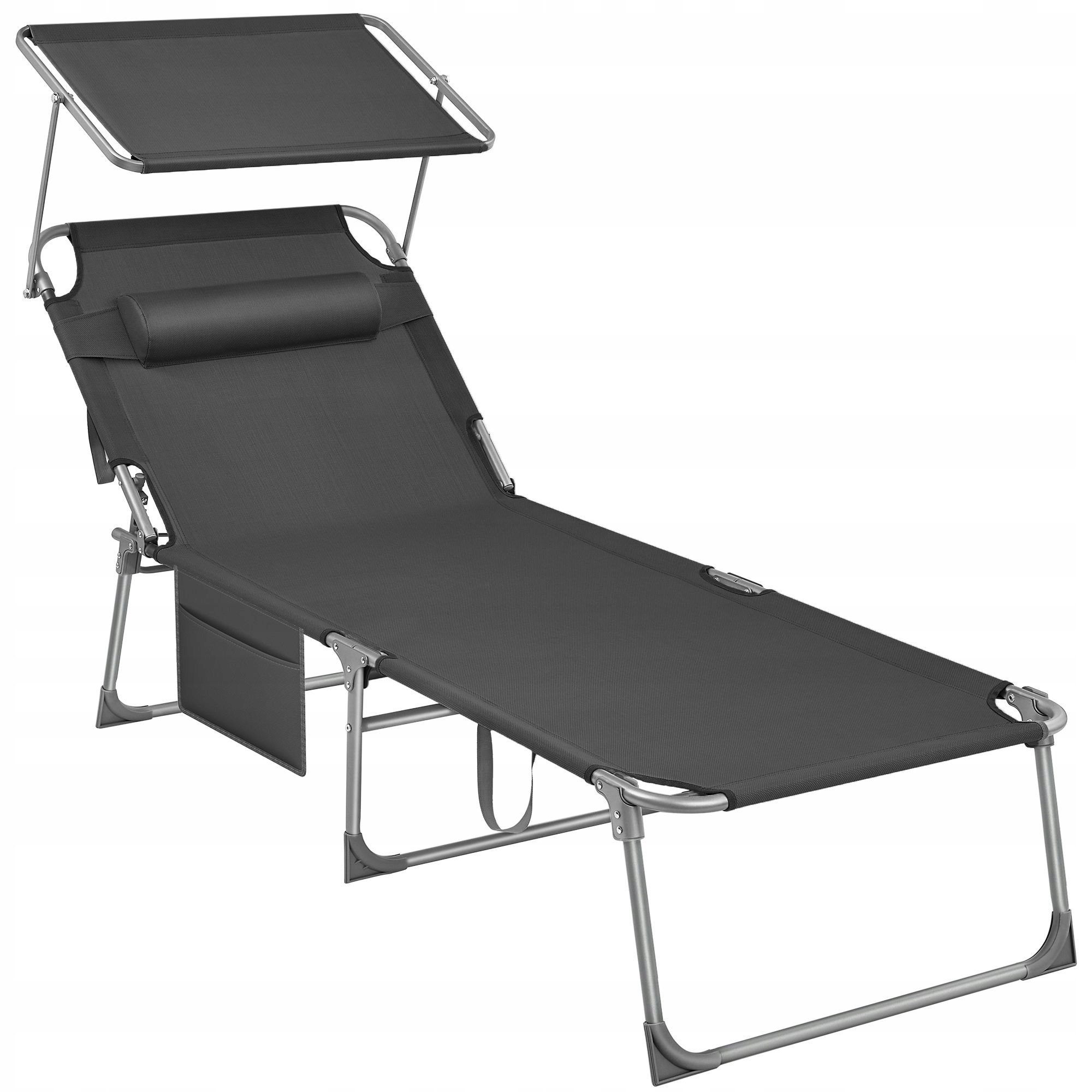 Składany leżak ogrodowy plażowy z boczną kieszenią i zagłówkiem ciemnoszary