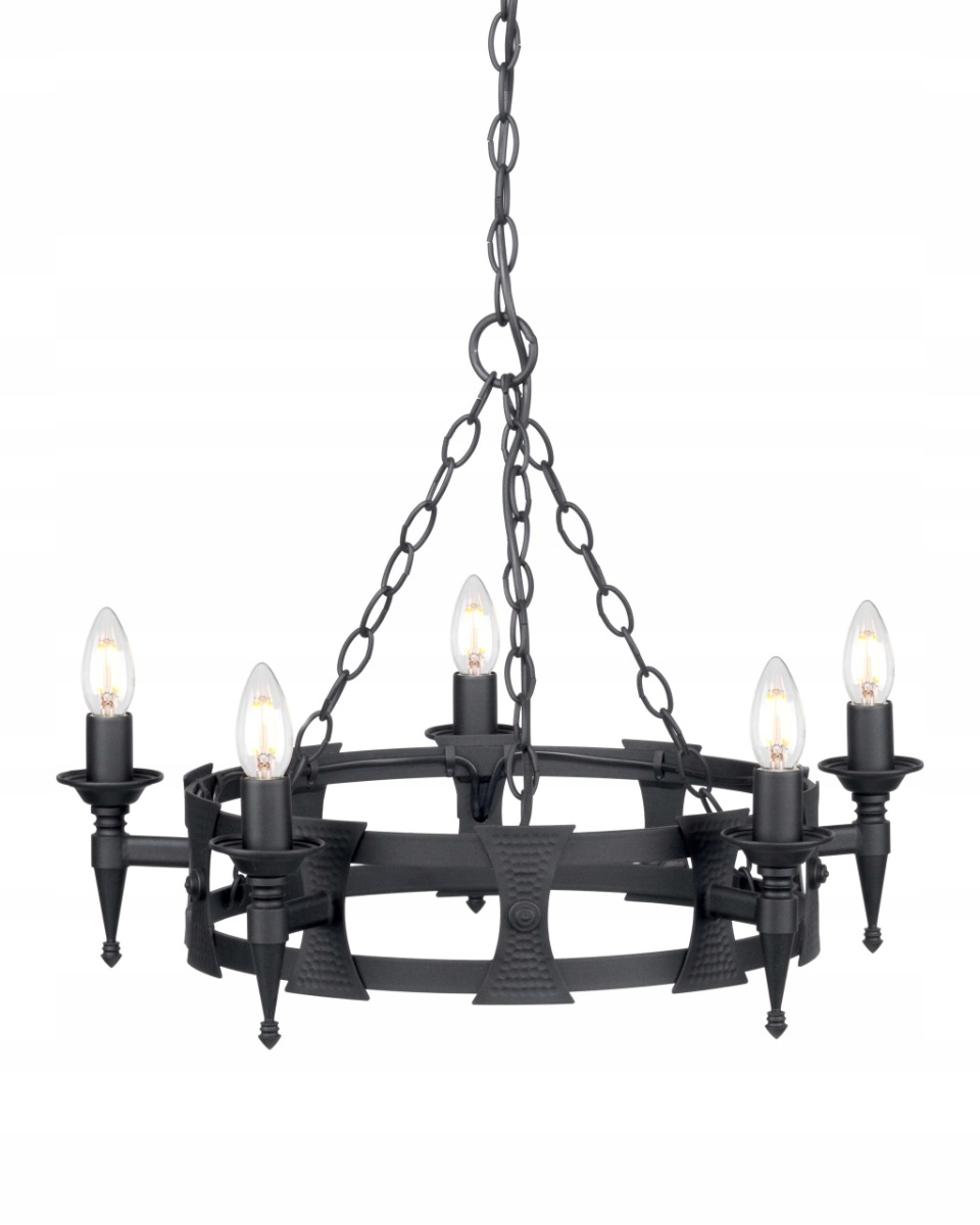 Rustikální gotický lustr vintage černý, 5 bodů, kulatý, 60 cm Elstead