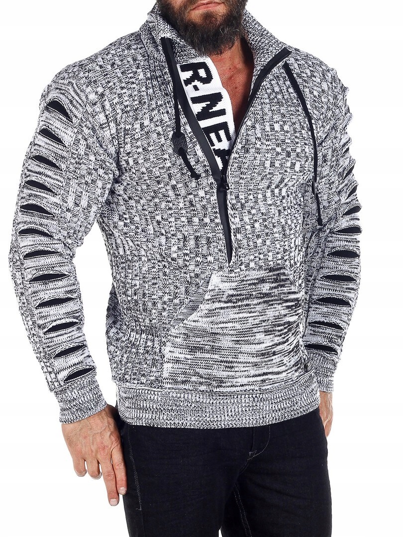 SWETER MĘSKI GRUBY GOLF ROZPINANY STÓJKA SZARY - XL Rodzaj bez kaptura wkładane przez głowę