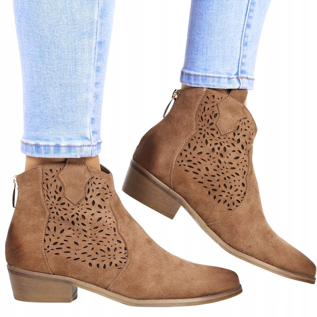 iButy DAMSKIE KOWBOJKI AŻUROWE NA NISKIM OBCASIE BRĄZOWE ZAMSZOWE