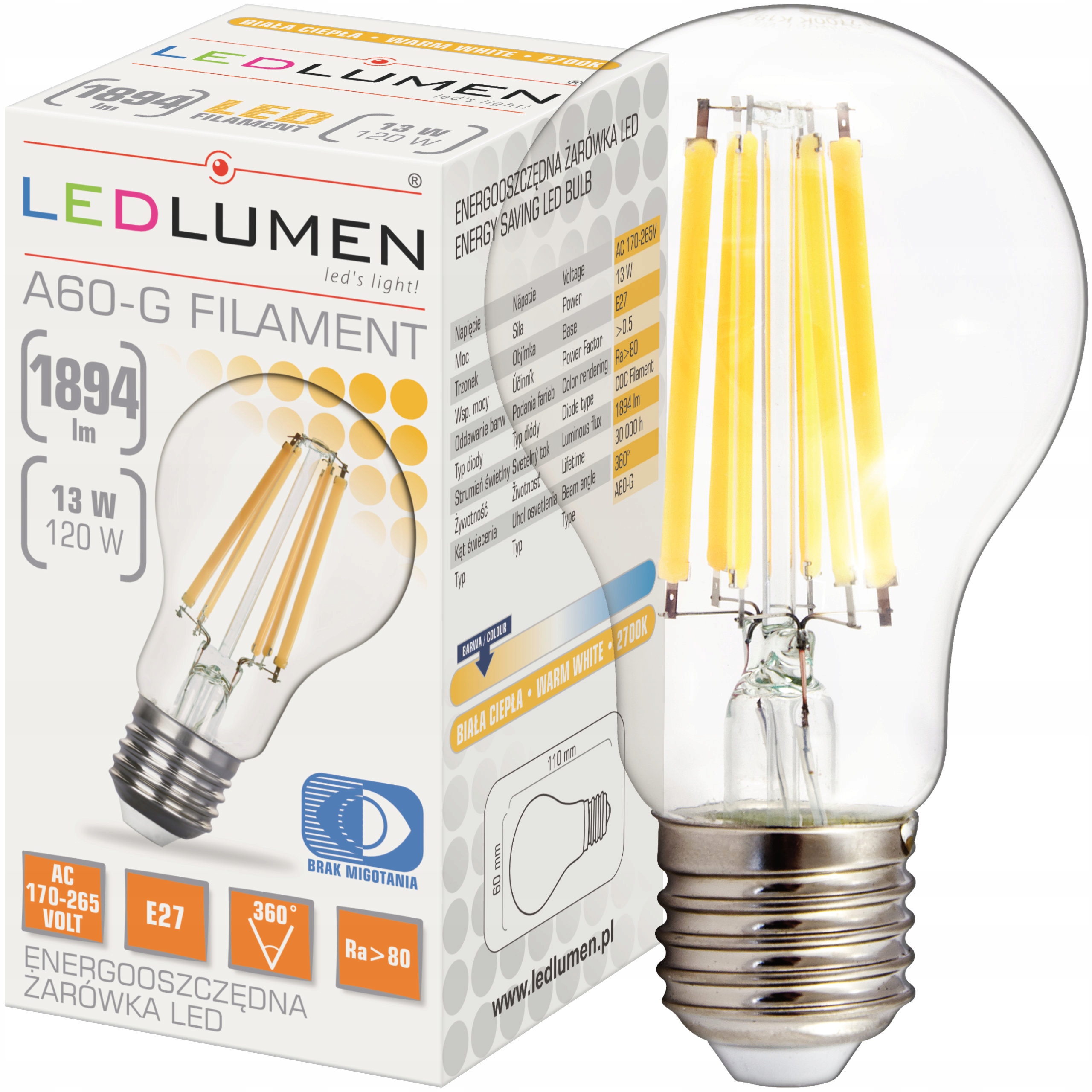 

Żarówka E27 13W=120W Led Filament 1894lm Ozdobna