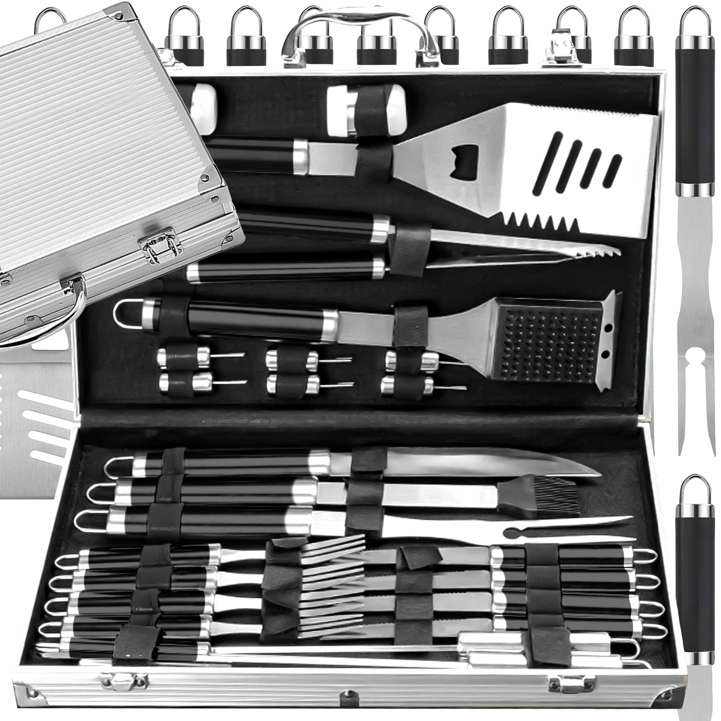 Zestaw Sztućców Akcesoriów Do Grilla 33w1 XXL Przybory Sztućce Stal Walizka