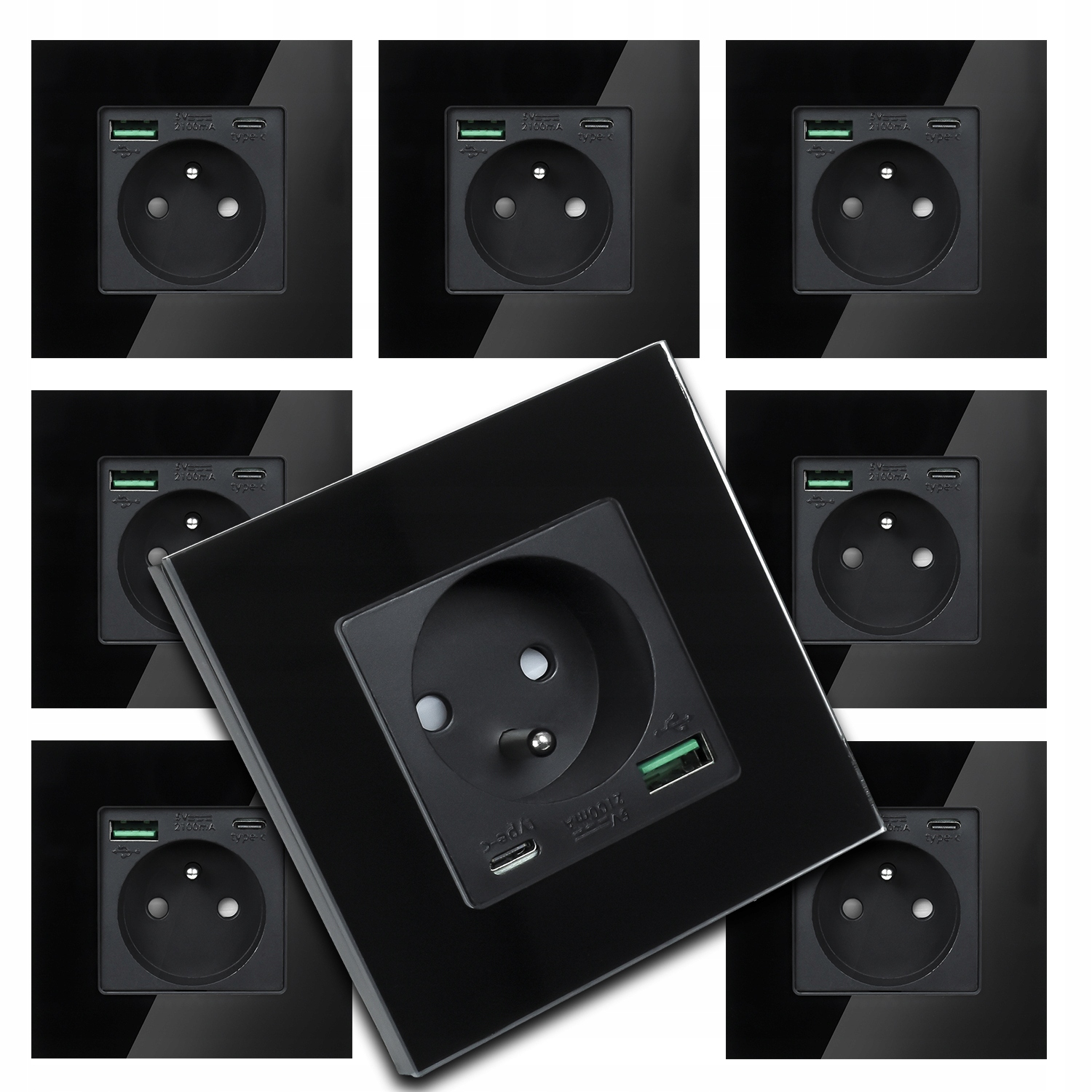 8x Skleněná Černá Elektrická Zásuvka Kontakt Nástěnná Usb Nabíječka