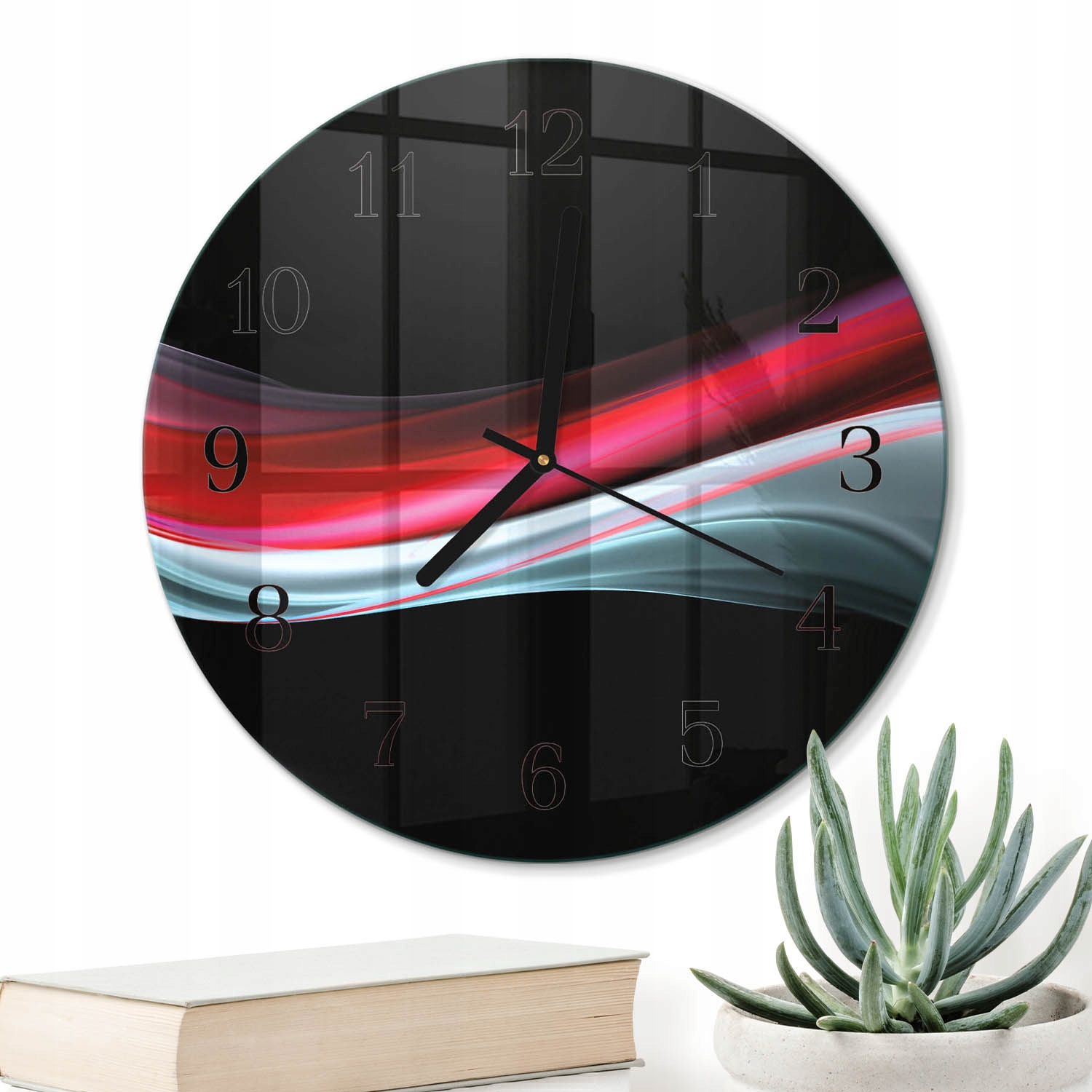 Designové Kulatý hodiny o průměru 30 cm Skleněné do interiéru s grafikou Abstrakt