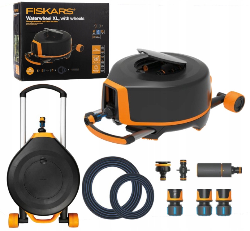 Fiskars Bęben Wężem Automatycznym Kółkach Wąż Ogrodowy Podlewania 27M Q3 XL