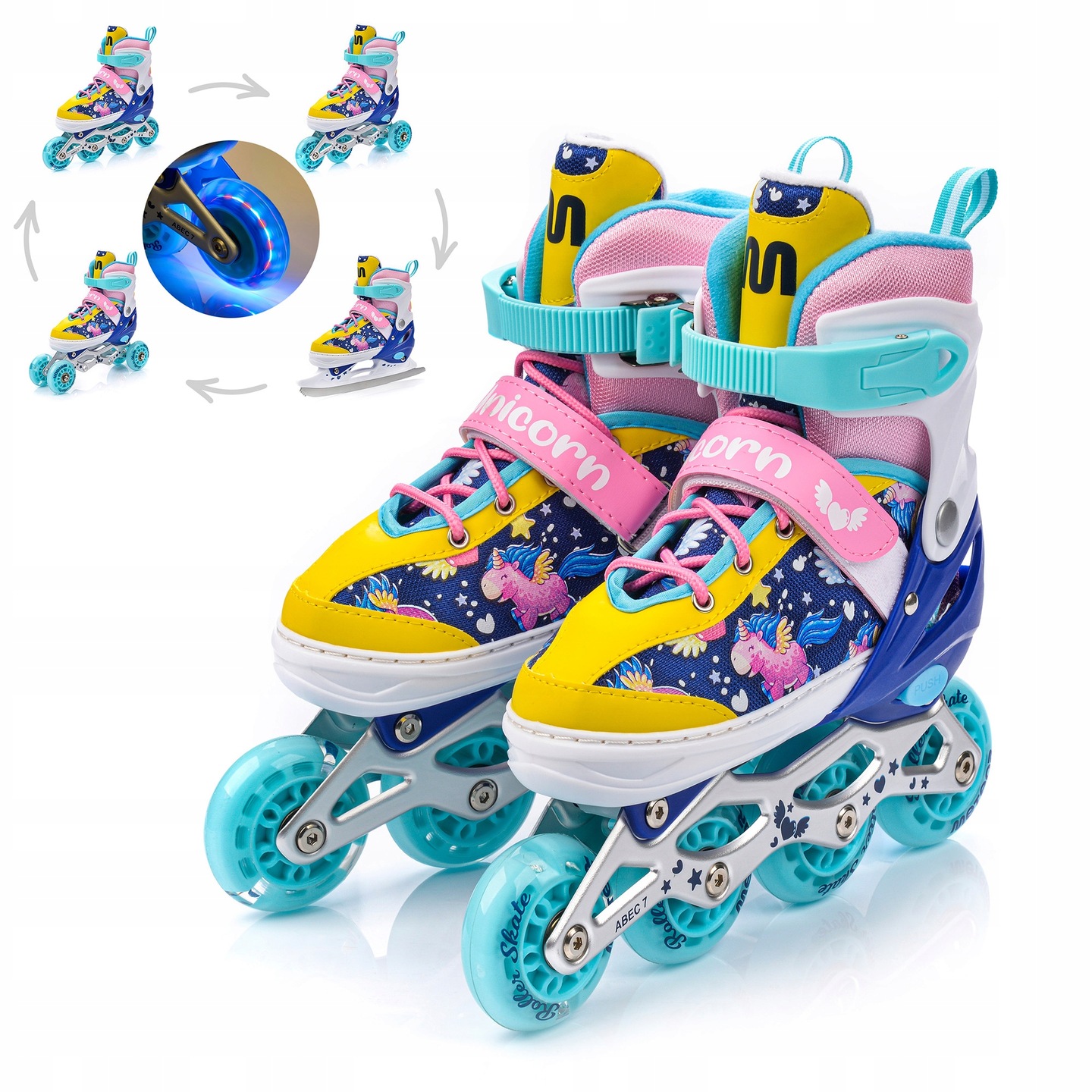 Kolečkové Brusle 4v1 Meteor Unicorn L 38-41 kombinované brusle: kolečkové, na led, inline Led kola