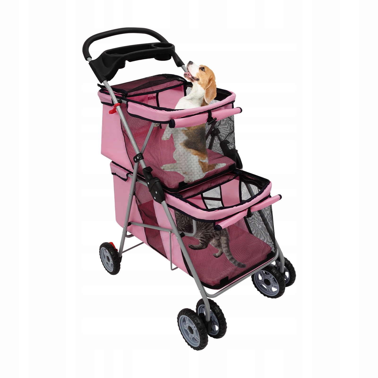 Levně Skládací kočárek pro psy a kočky, 55x69x101cm, 2 úrovně, růžový