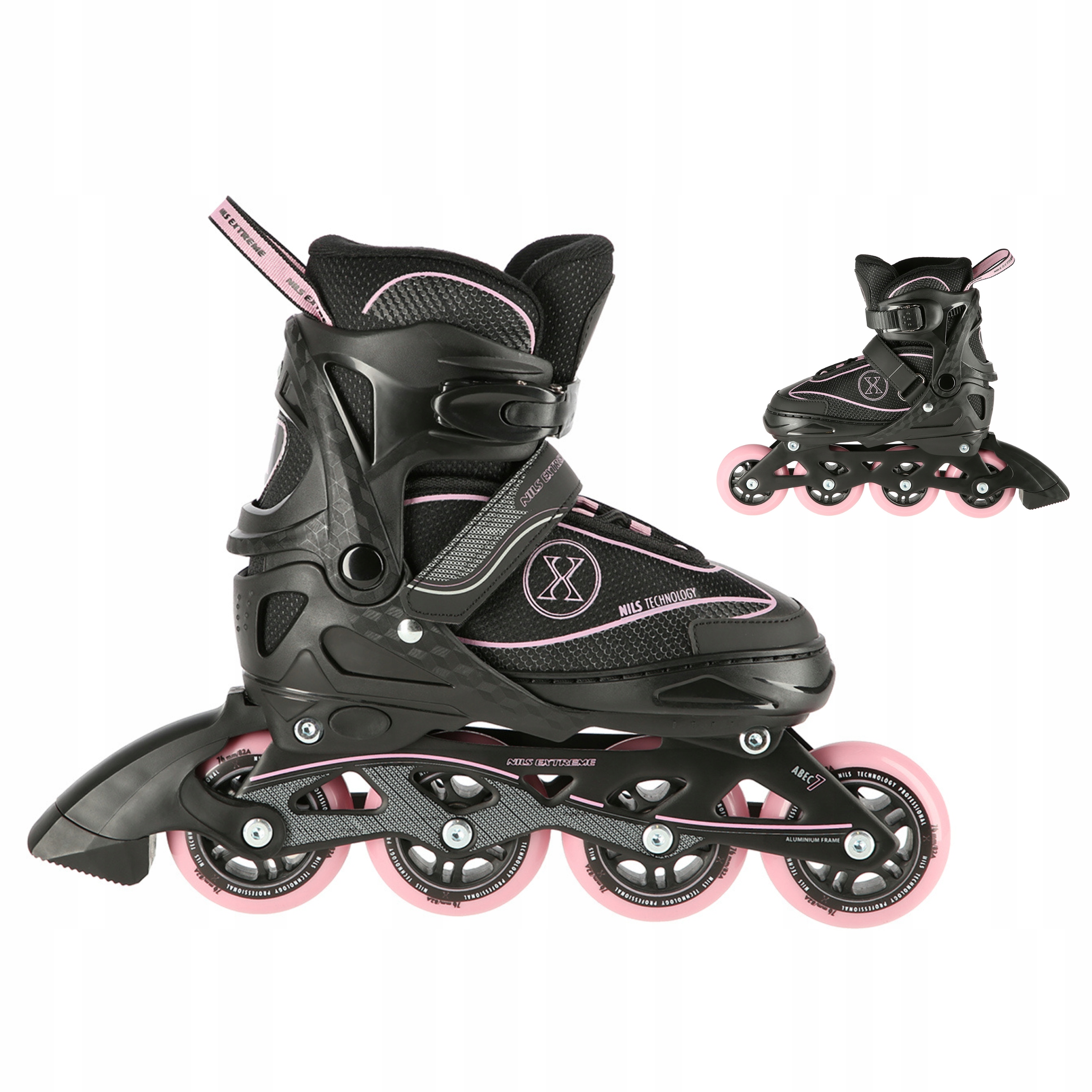 Brusle 2v1 Fitness Nastavitelné Kolečkové Brusle Černo-růžové ABEC7 39-42 Nils Extreme