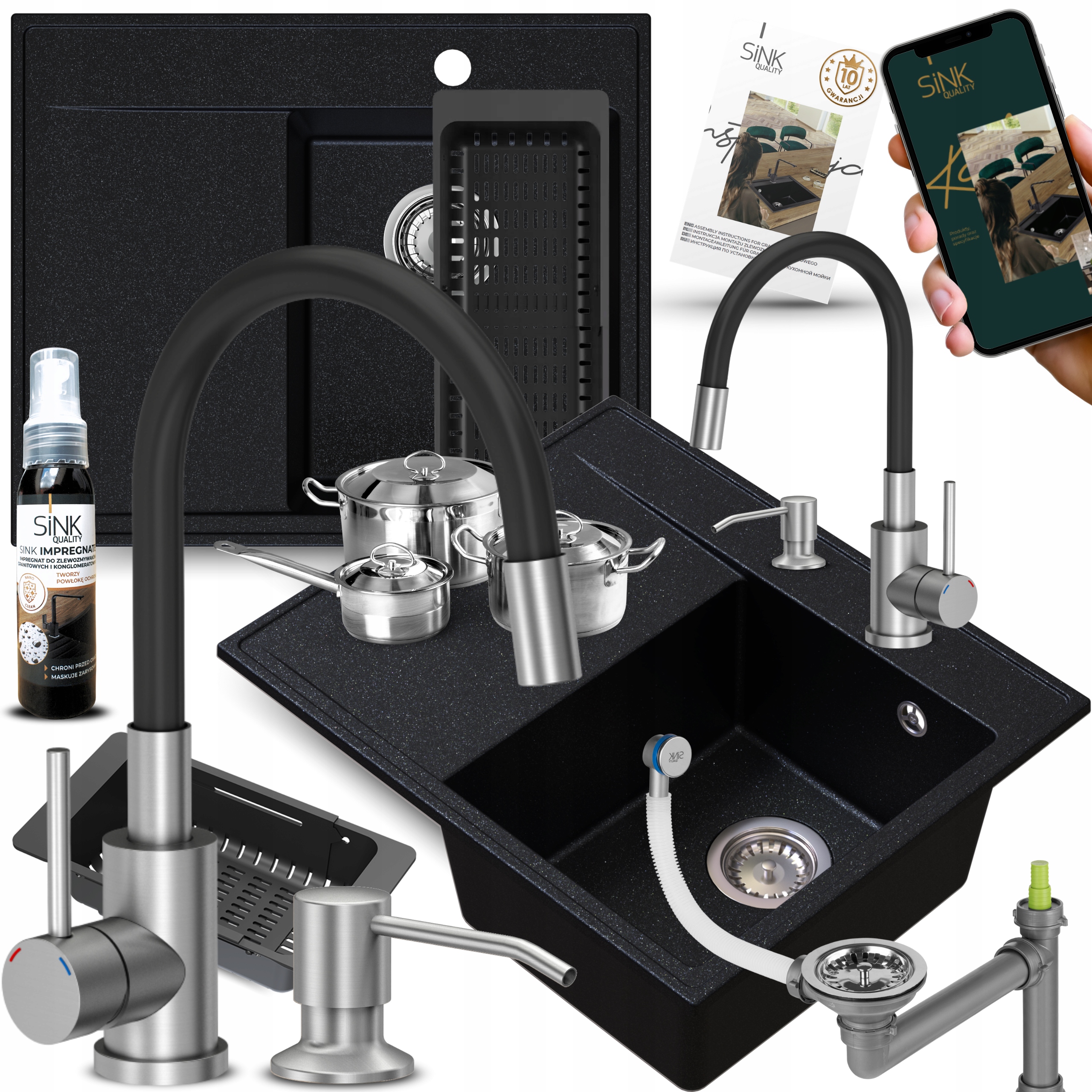 Granitový dřez s dávkovačem a baterií, černá metalíza, pravá komora