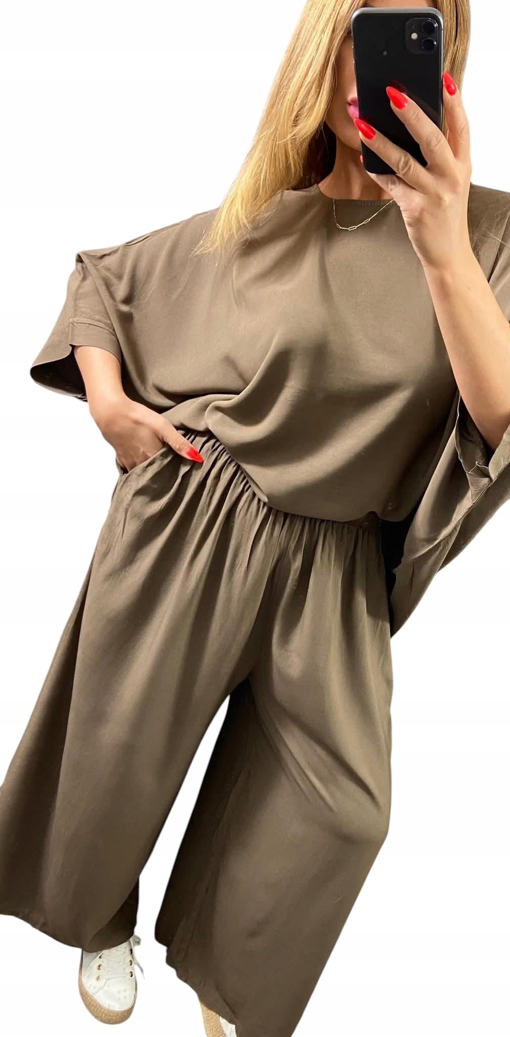 Z0006 Dvoudílný Komplet S Kalhotami Oversize Hnědý vel. 56 (8XL)