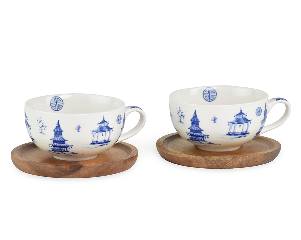 Set porcelánových šálok Pagoda s drevenými podšálkami 2 x 120 ml
