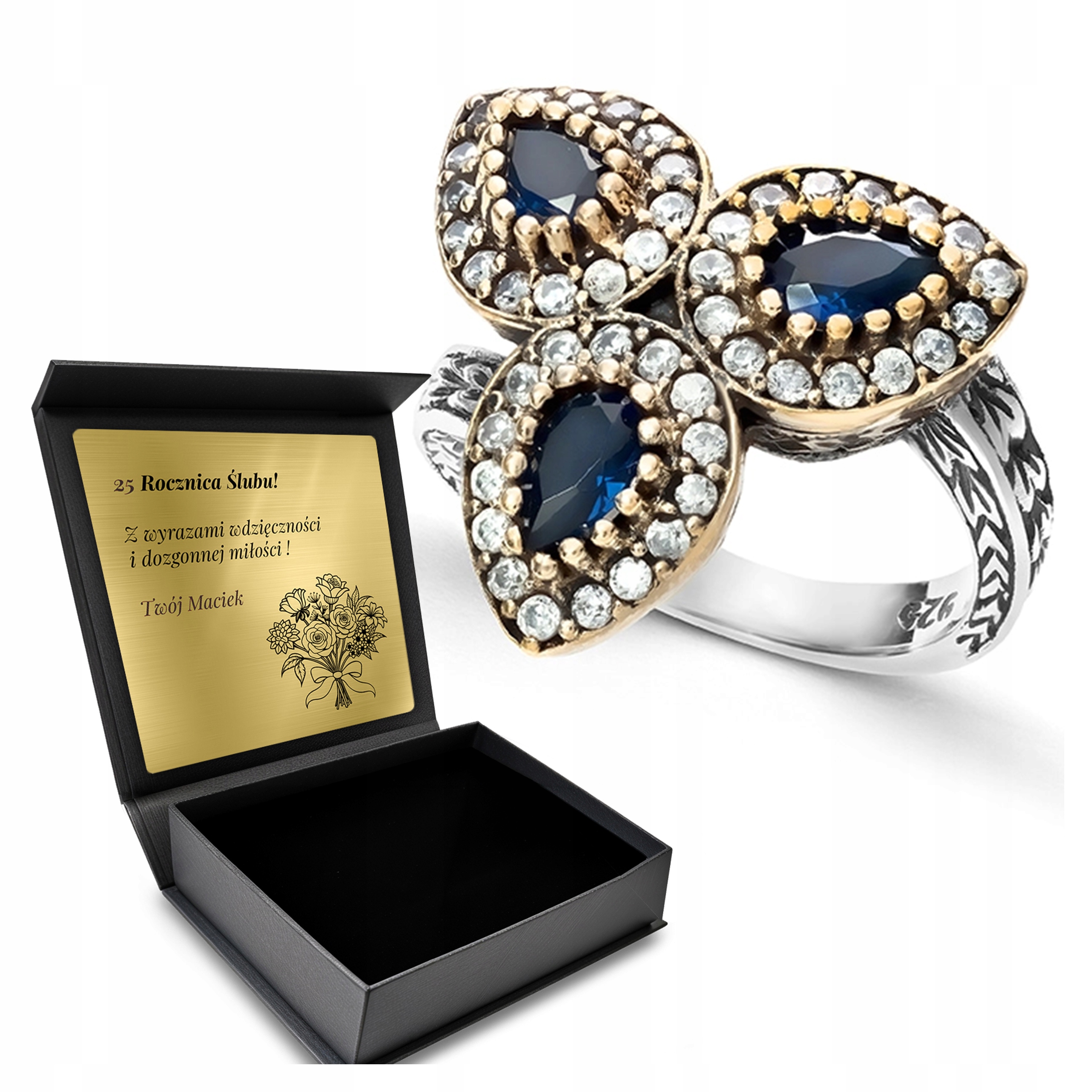 Prstýnek 925 Zirkony Safír Dárek Na Valentýna Gravírování Bonus