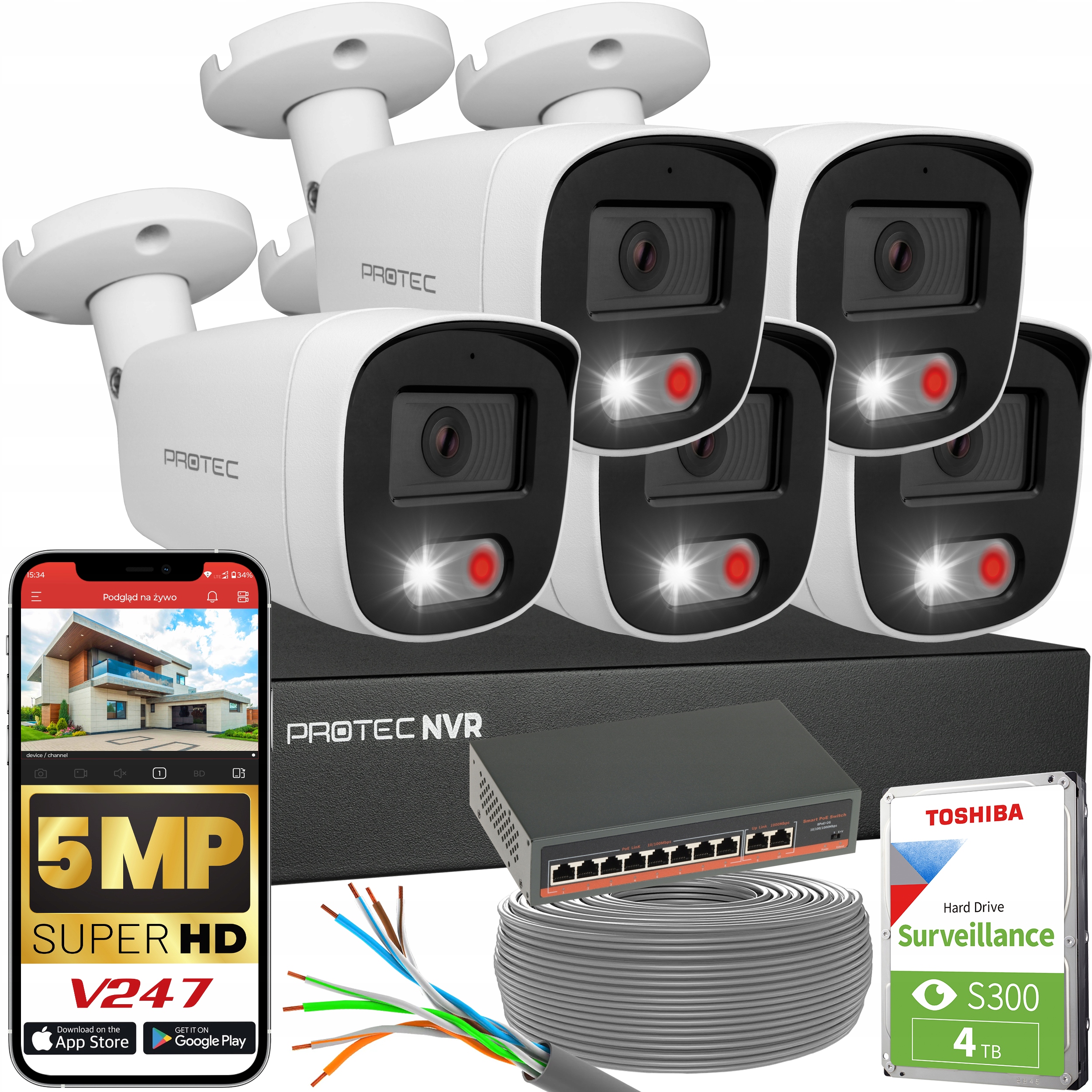 Zestaw do monitoringu 5 kamer Ip 5Mpx Switch PoE detekcja mikrofon Hdd 4TB