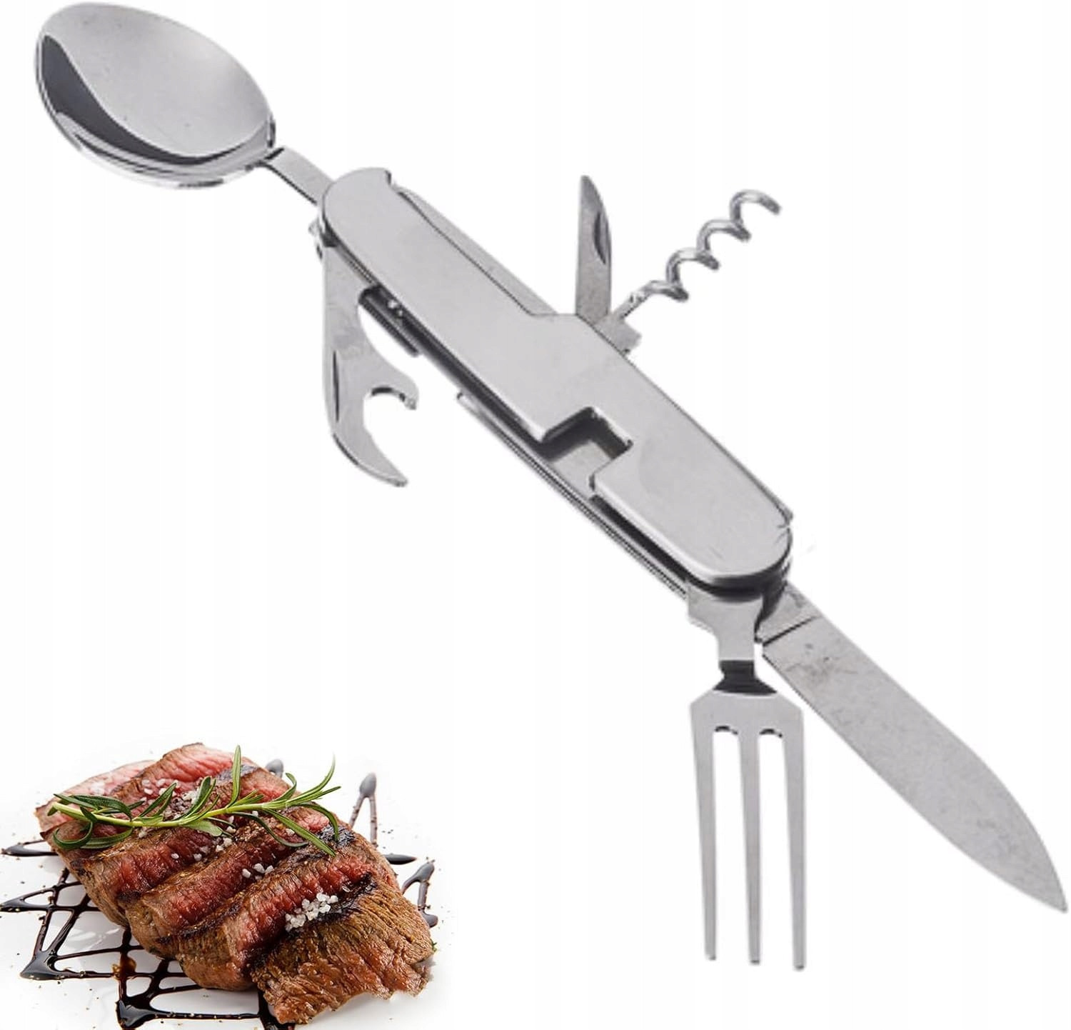 Multitool turystyczny 5w1 nóż, widelec, łyżka, otwieracz kemping