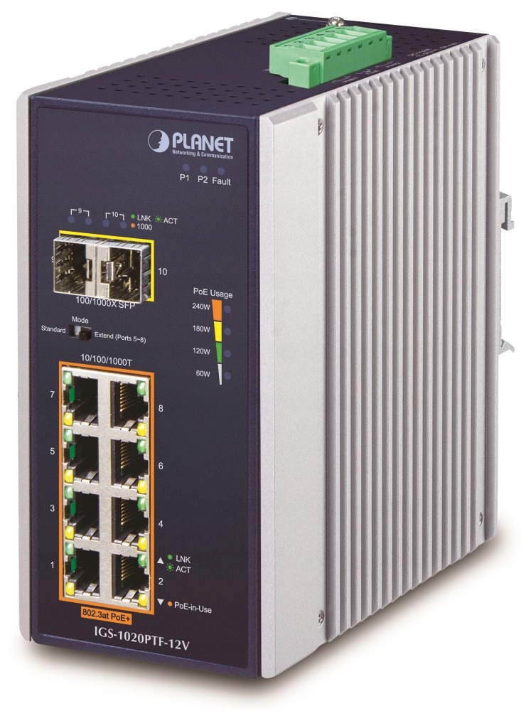 Planet Priemyselný L2 PoE 1Gbps switch, 8xTP 2xSFP, 802.3at 30 240W, Ip