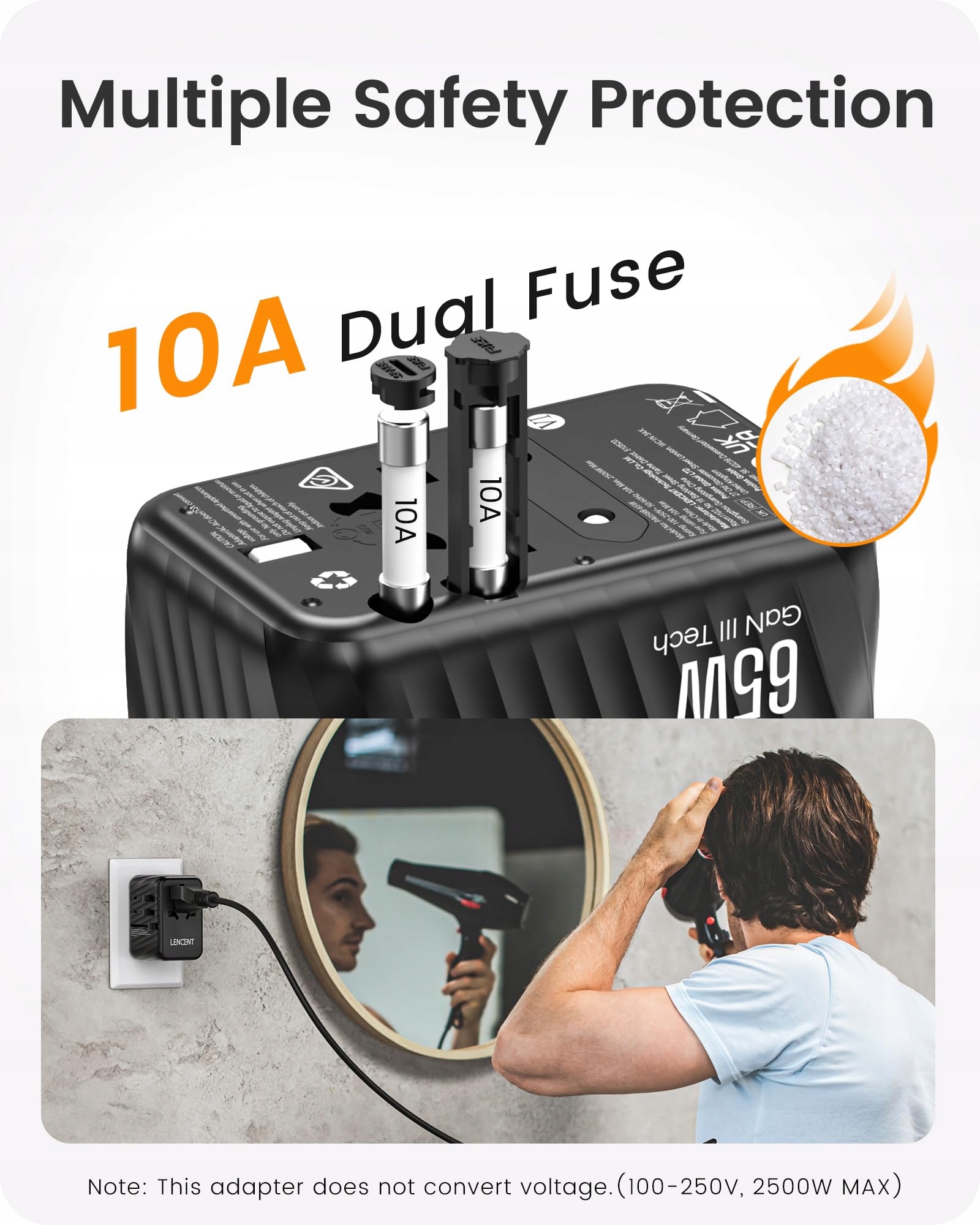 LENCENT Adapter Podróżny 65W GaN3 USB A Typ C Do EU USA UK AU — miniatura 8