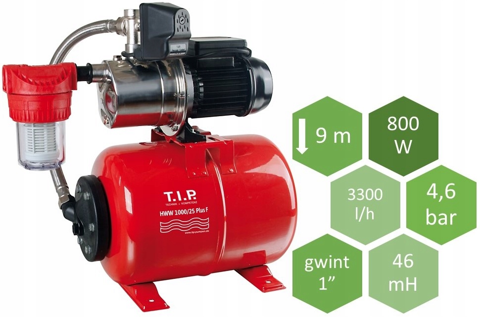 Zestaw hydrofor do wody pompa Inox 800W 3300L/H 4,6 Bar Filtr T.i.p.niemcy