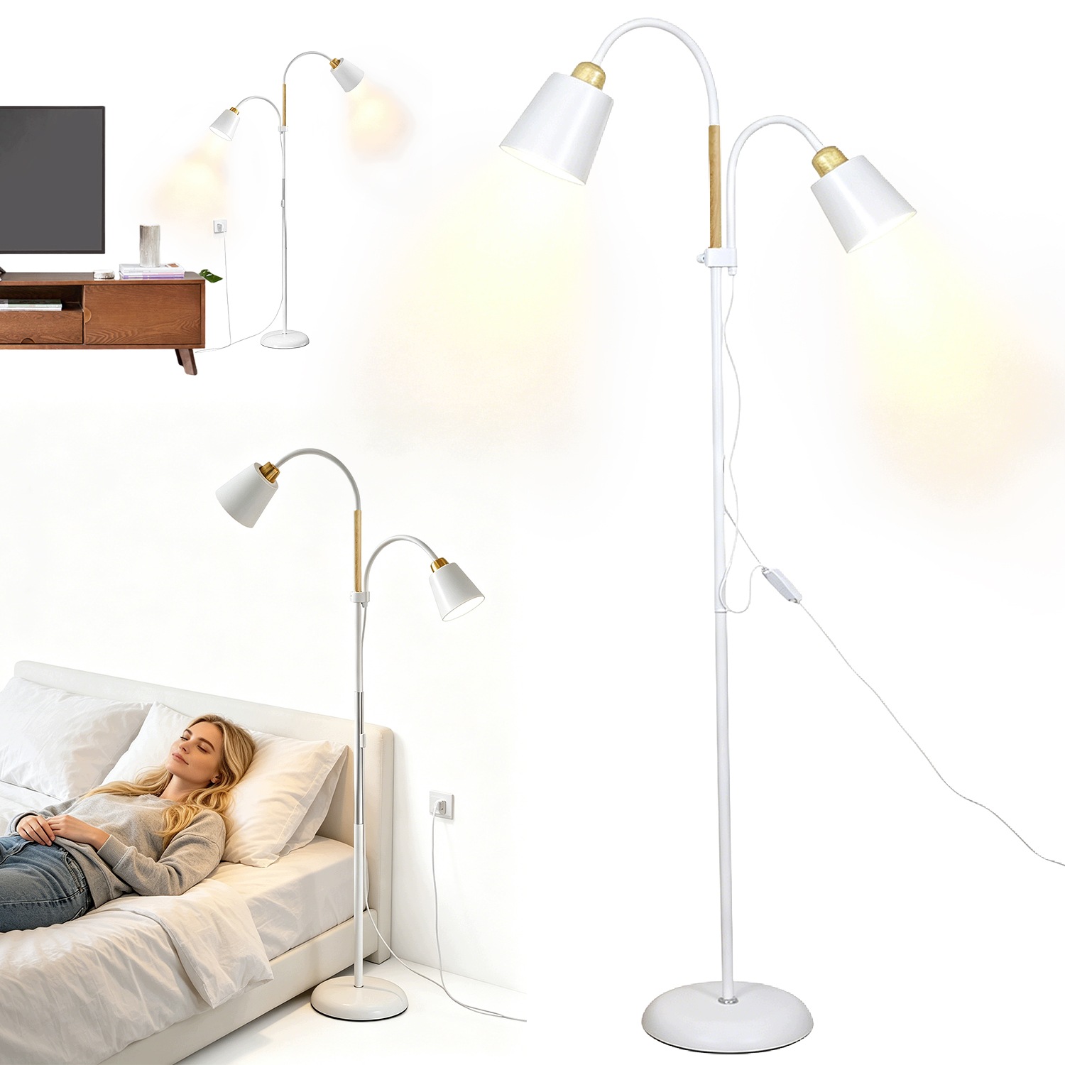 Stojací Led lampa 160 cm pro čtení, 2 x E27, nastavitelná, bílá