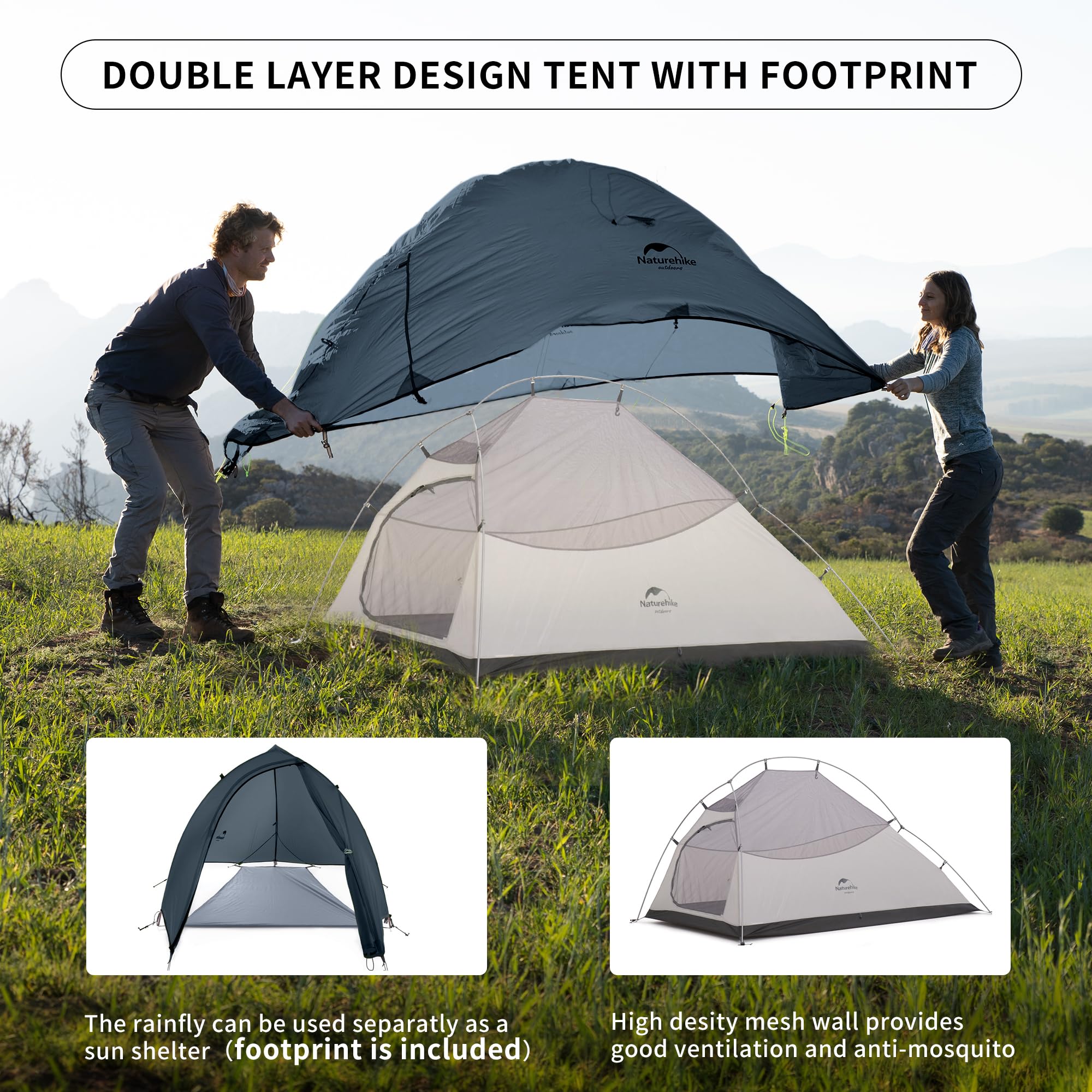 NATUREHIKE Cloud Up 2 Namiot Ultralekki 2 Osobowy 3-4 Sezonowy Camping — miniatura 4