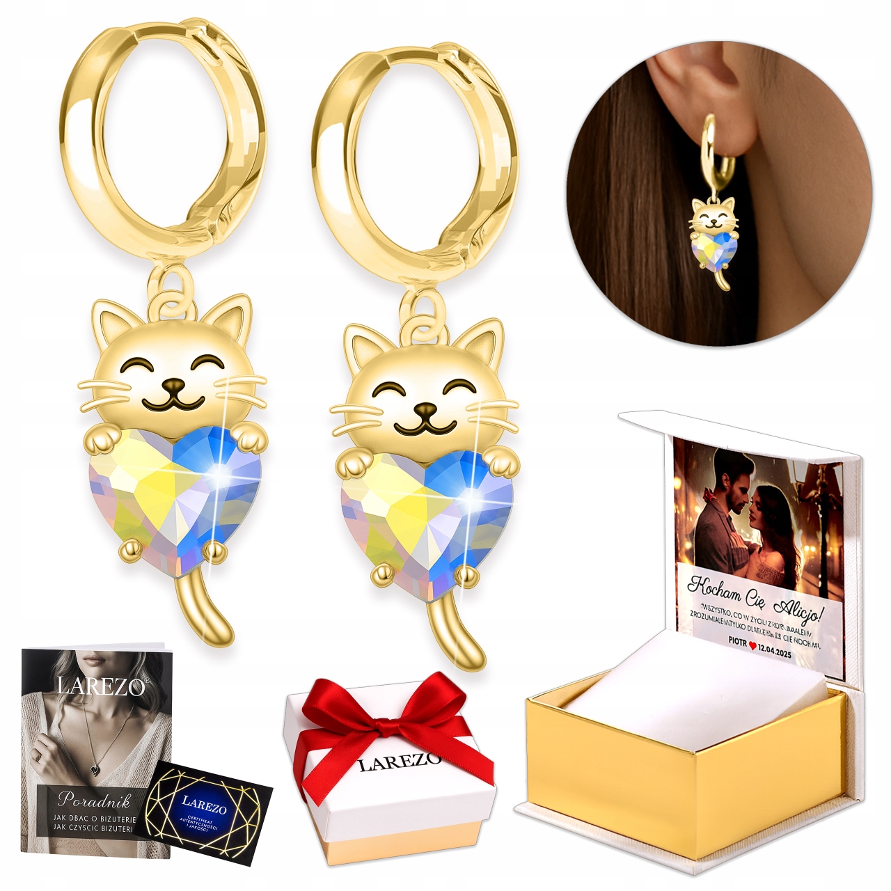 Zlaté Náušnice 925 Lesklá Srdíčka s Kočkami Dámské Barevné Srdíčka Kočky