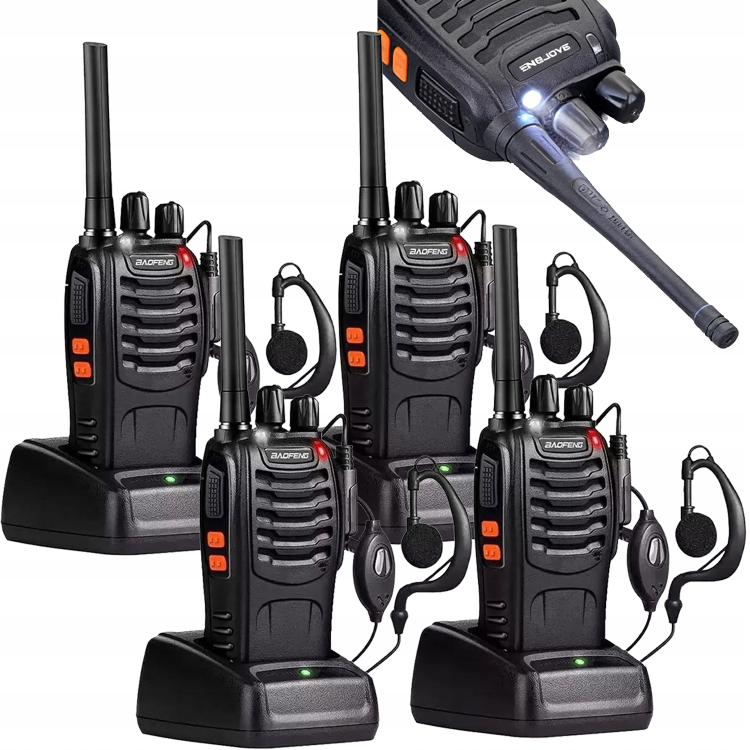 Krótkofalówki 4x Walkie Talkie Baofeng Radiotelefon Latarka Duży Zasięg