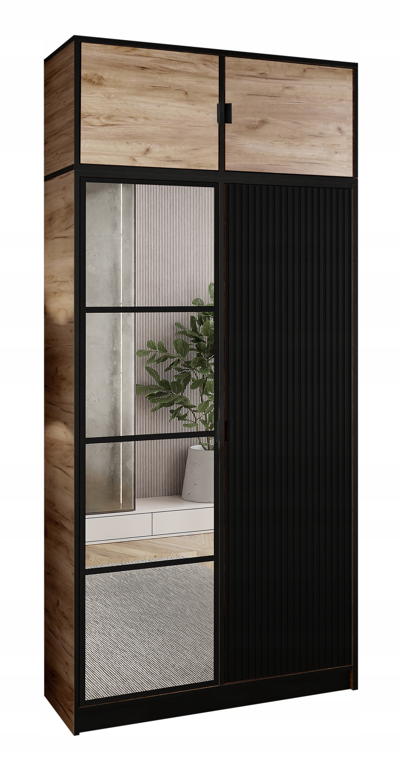 Skříň Lumi 105 2D Dub c. černý ryfl. se zrcadlem eden úchytka č. s nadstavcem