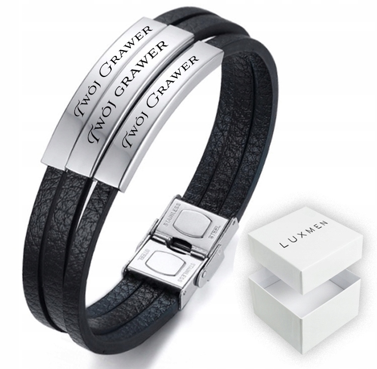 

Bransoletka Męska Z Grawerem Skórzana Srebrna Stal