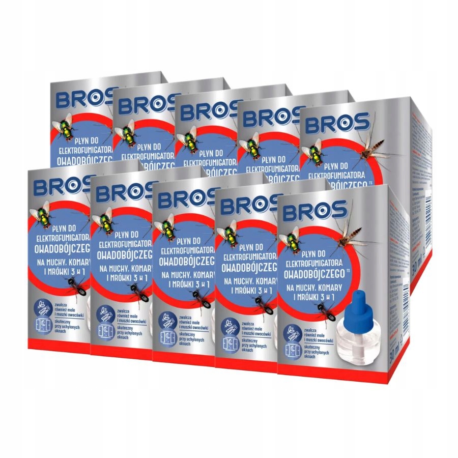 Bros Płyn do elektrofumigatora 3w1 Na Muchy, Komary I Mrówki, 12 x 30 ml
