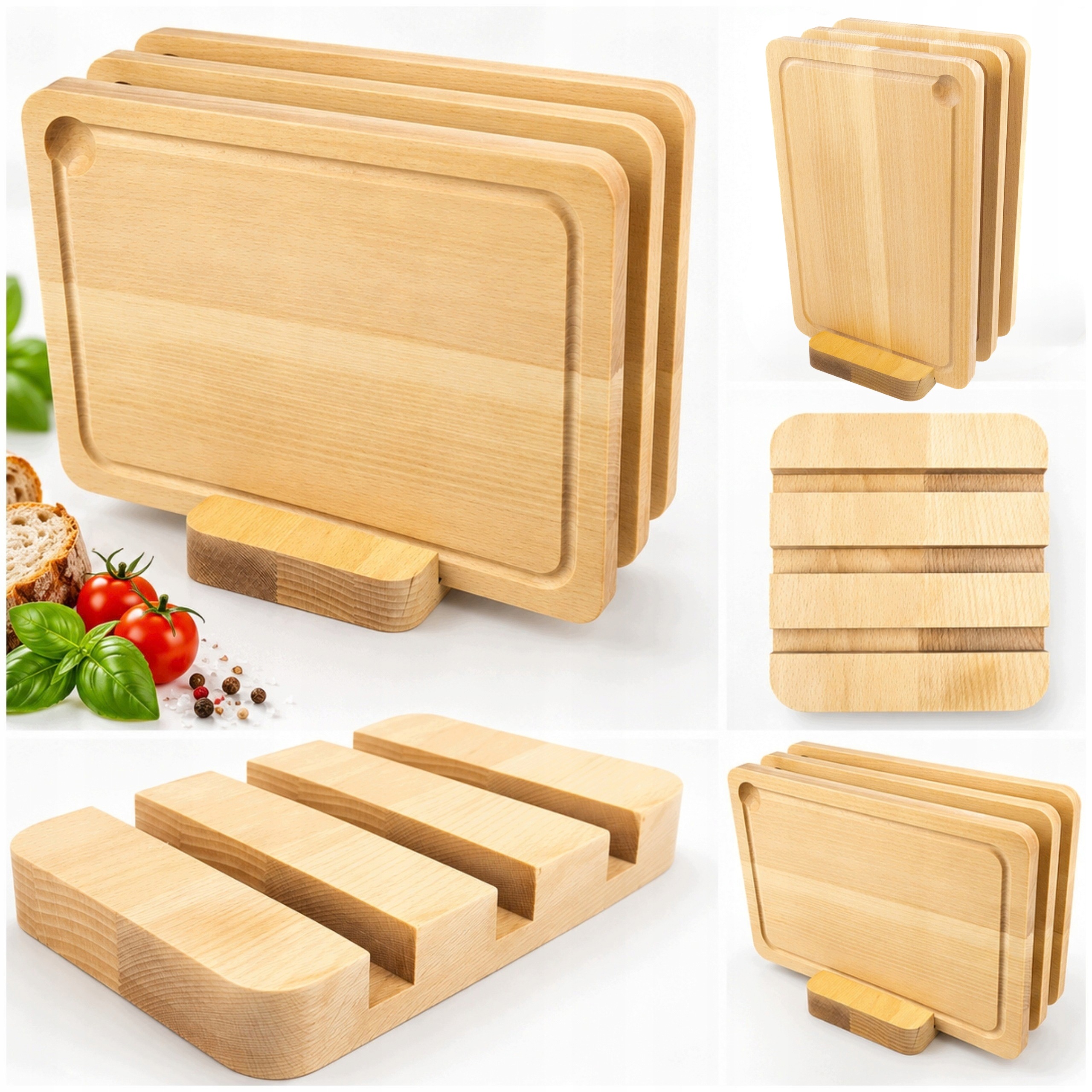 Zestaw 3 Desek do Krojenia 40×26×2 cm ze Stojakiem Drewno Bukowe Olejowane
