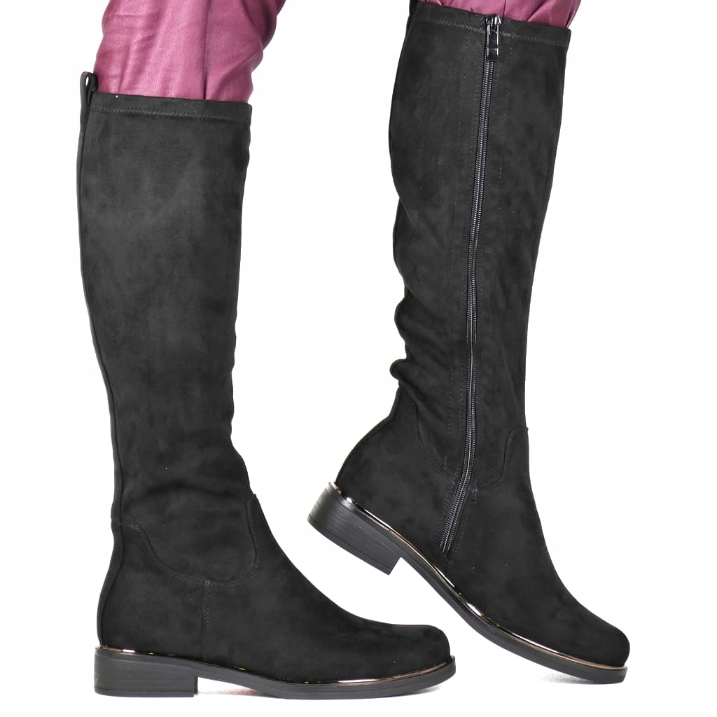 Černé Semišové Kozačky Plochá Podrážka Pohodlné Kozačky Pohodlné Elegantní