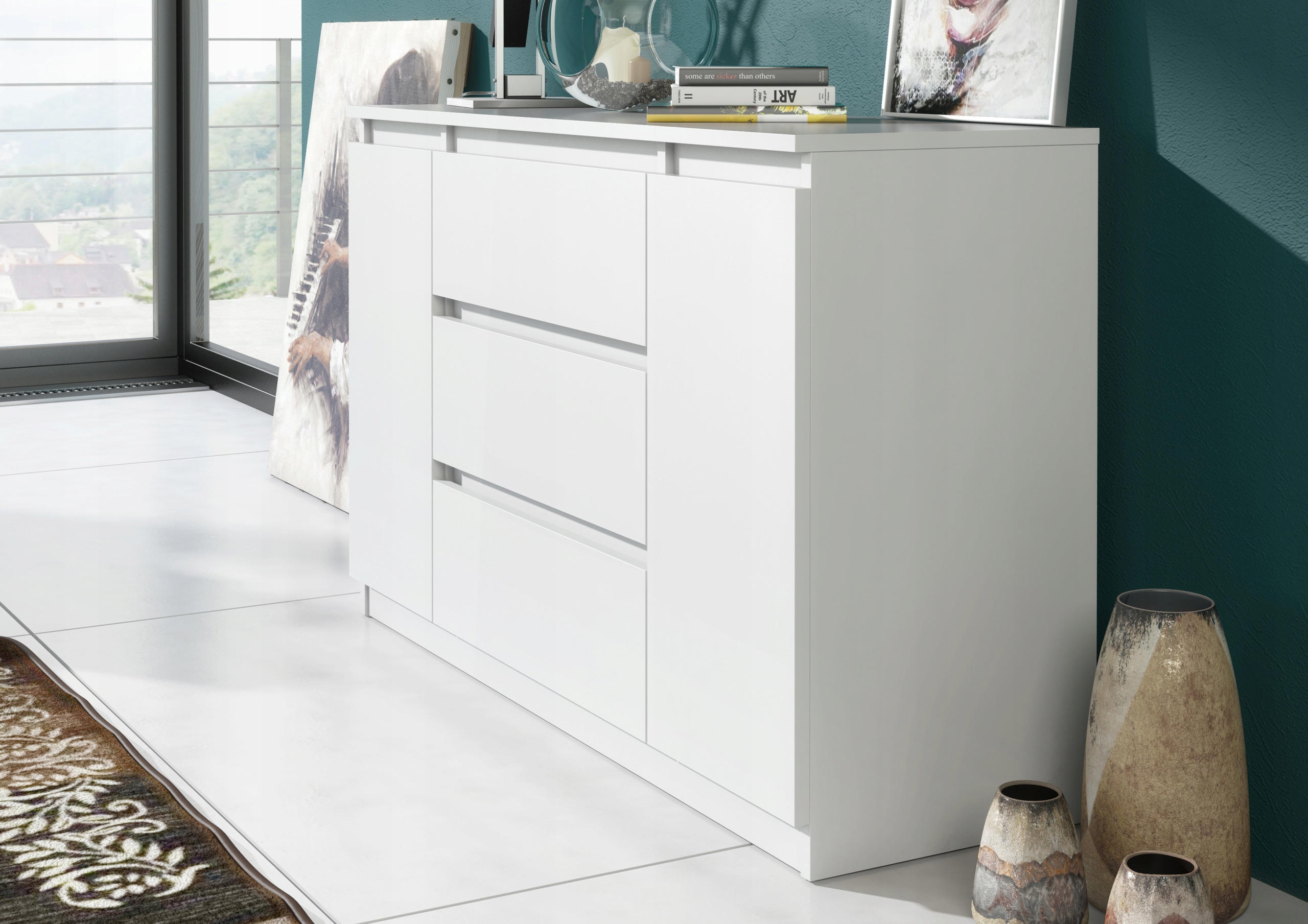 MODERN KOMÓD 120CM 2 AJTÓ 3 FIÓK FEHÉR HÁLÓSZOBA NAPPALI Bútor szélessége 120 cm