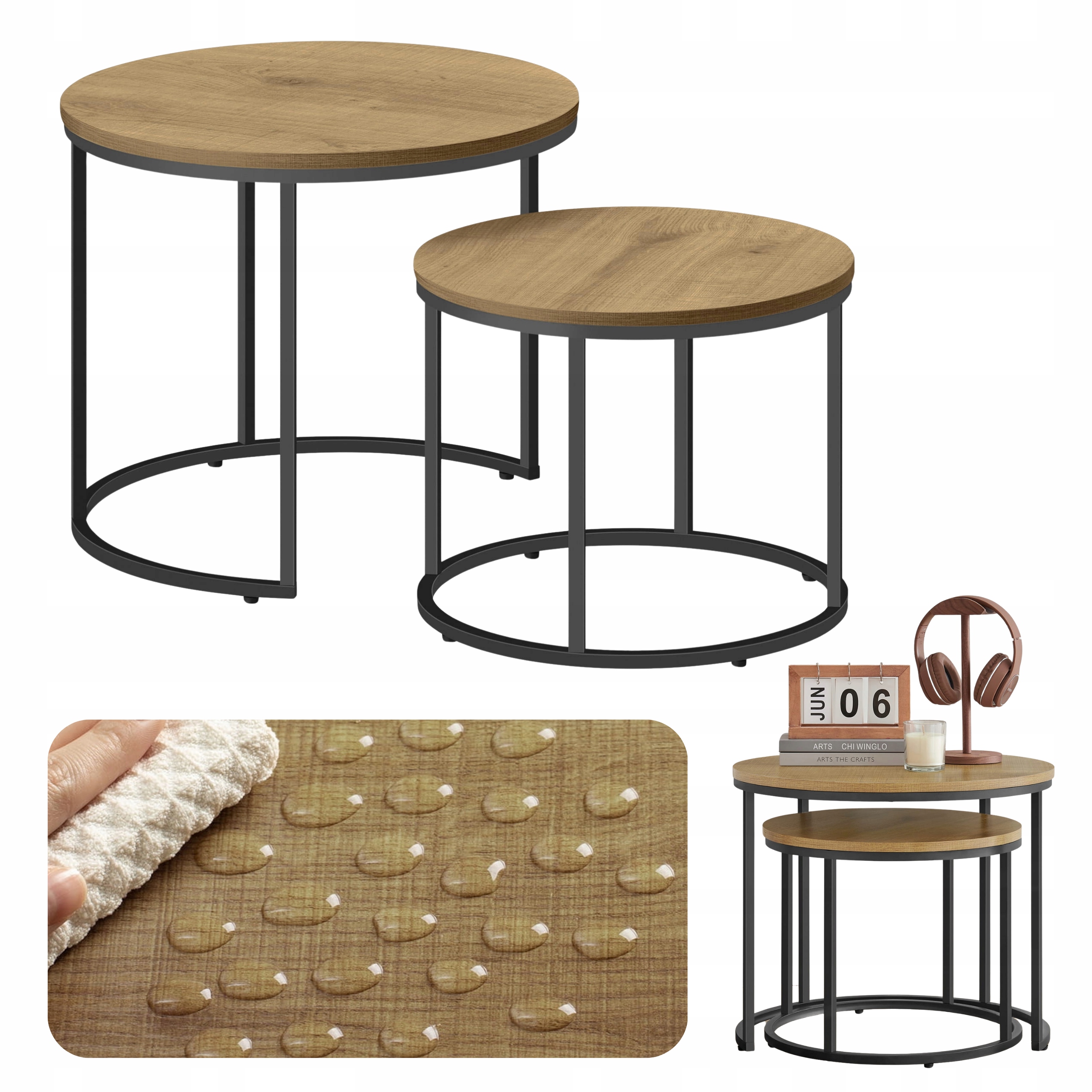 Kávový Stolek 2v1 Rozkládací Kulatý Set Loftových Stolků Dub Do Obývacího Pokoje