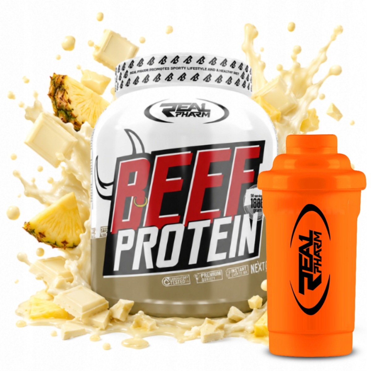 Hovězí Bílkovina Real Pharm Beef Protein 85% 1800 g Bílá Čoko-ananas Shaker