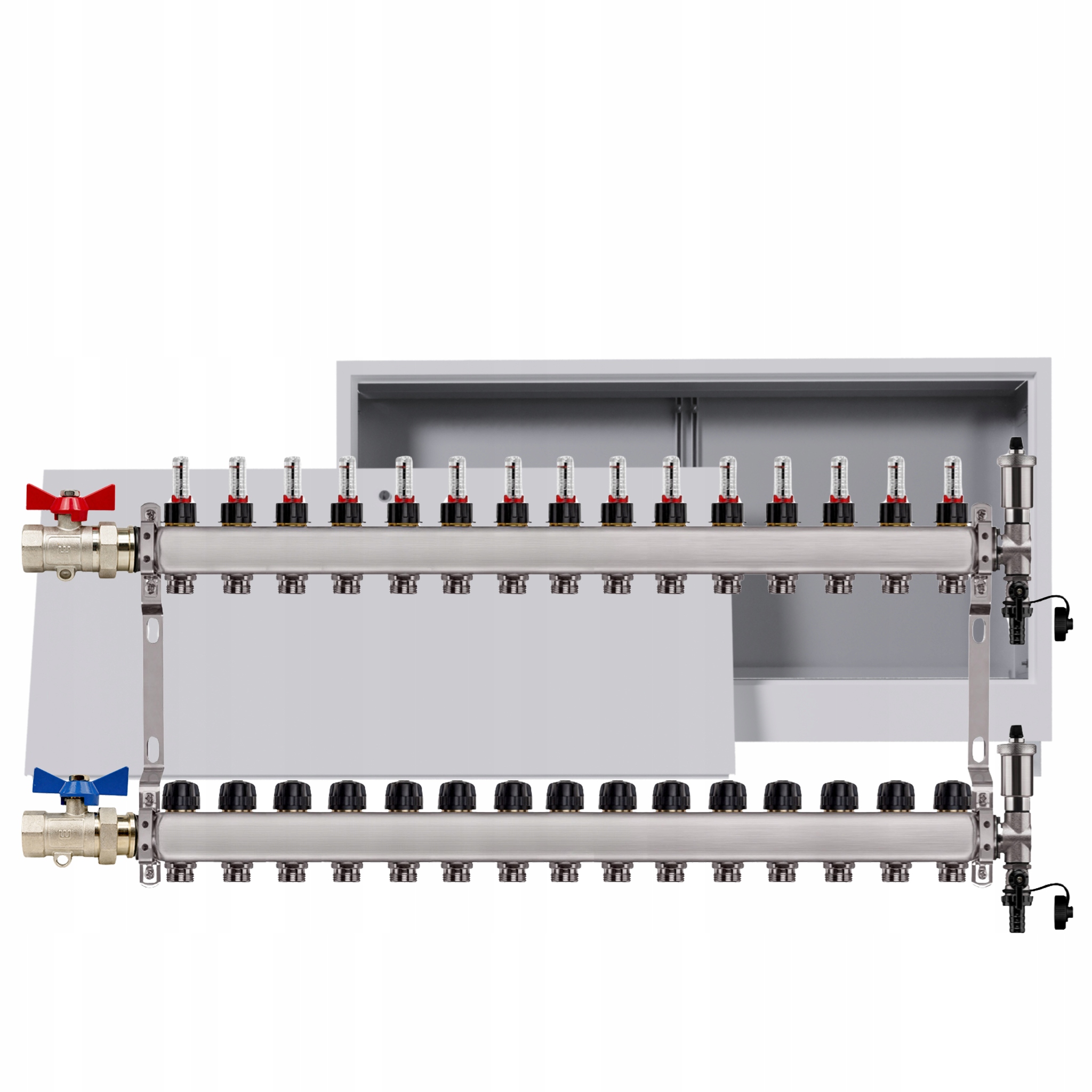 Nerezový rozdělovač podlahovky 15 okruhů podomítková krabice sada