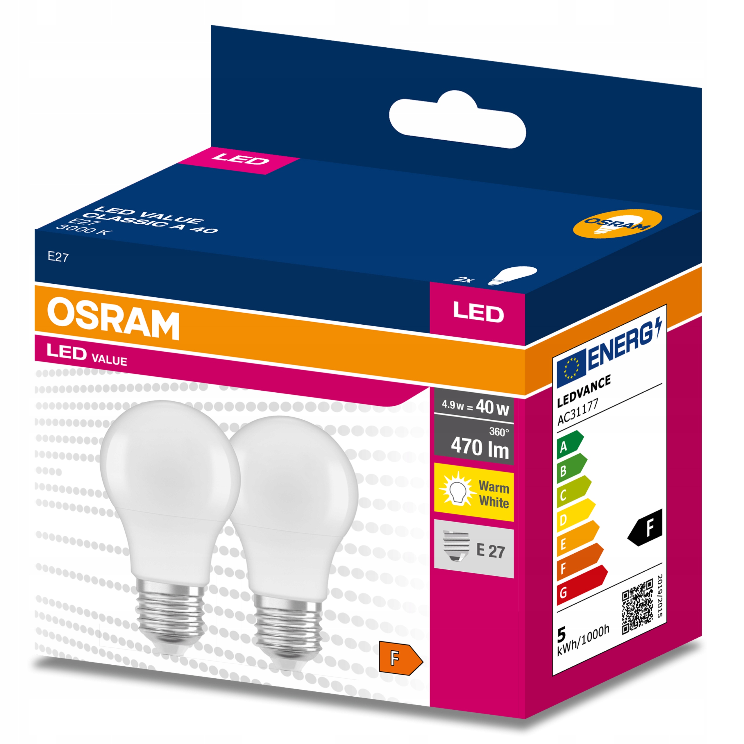 Żarówka LED 4,9W = 40W E27 ciepła 3000K OSRAM 2szt