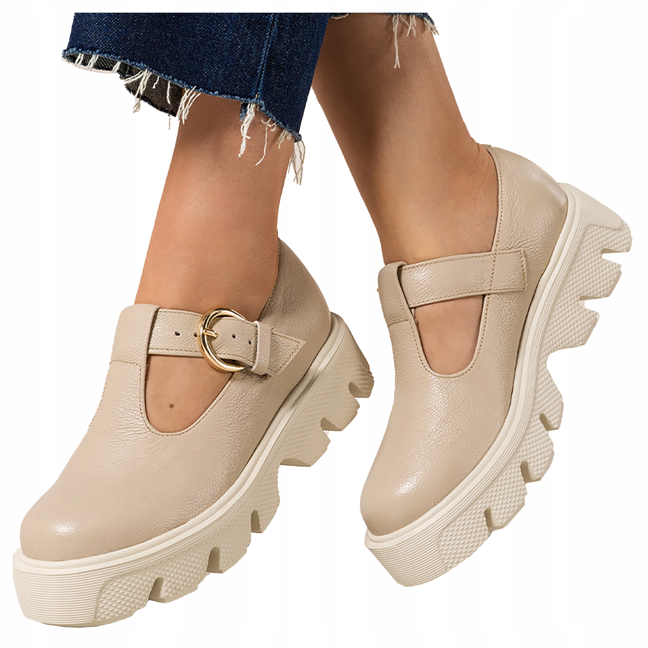 Kožené polobotky béžové na běhounové platformě, Polský Výrobek, velikost 37