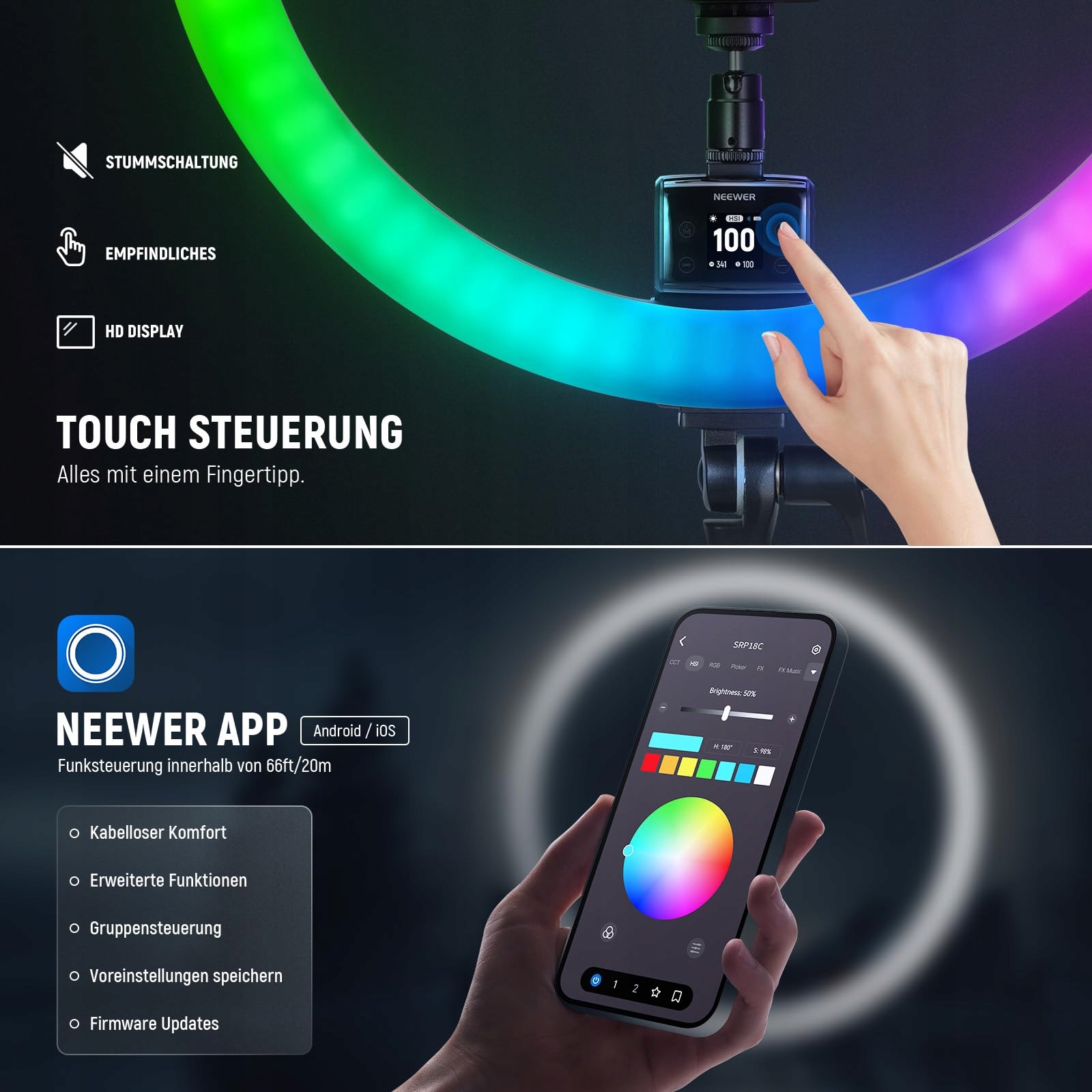 NEEWER SRP18C RGB LED zestaw świateł pierścieniowych 2500 K – 10000 K — miniatura 5