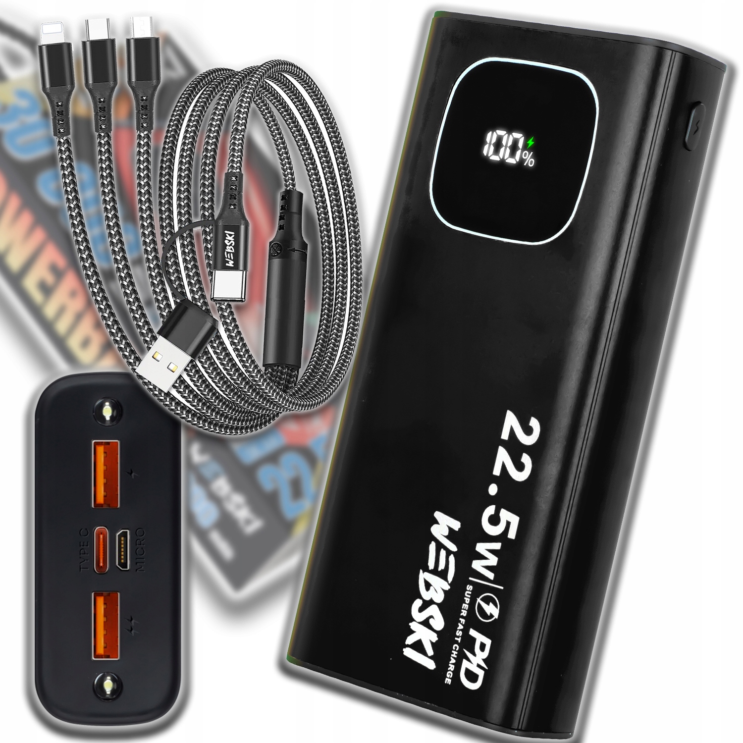 Power Banka 30 000 Mah Silná, Pevná, Velká, Prostorná, Usb Qc Pd Usb Kabel 6V1