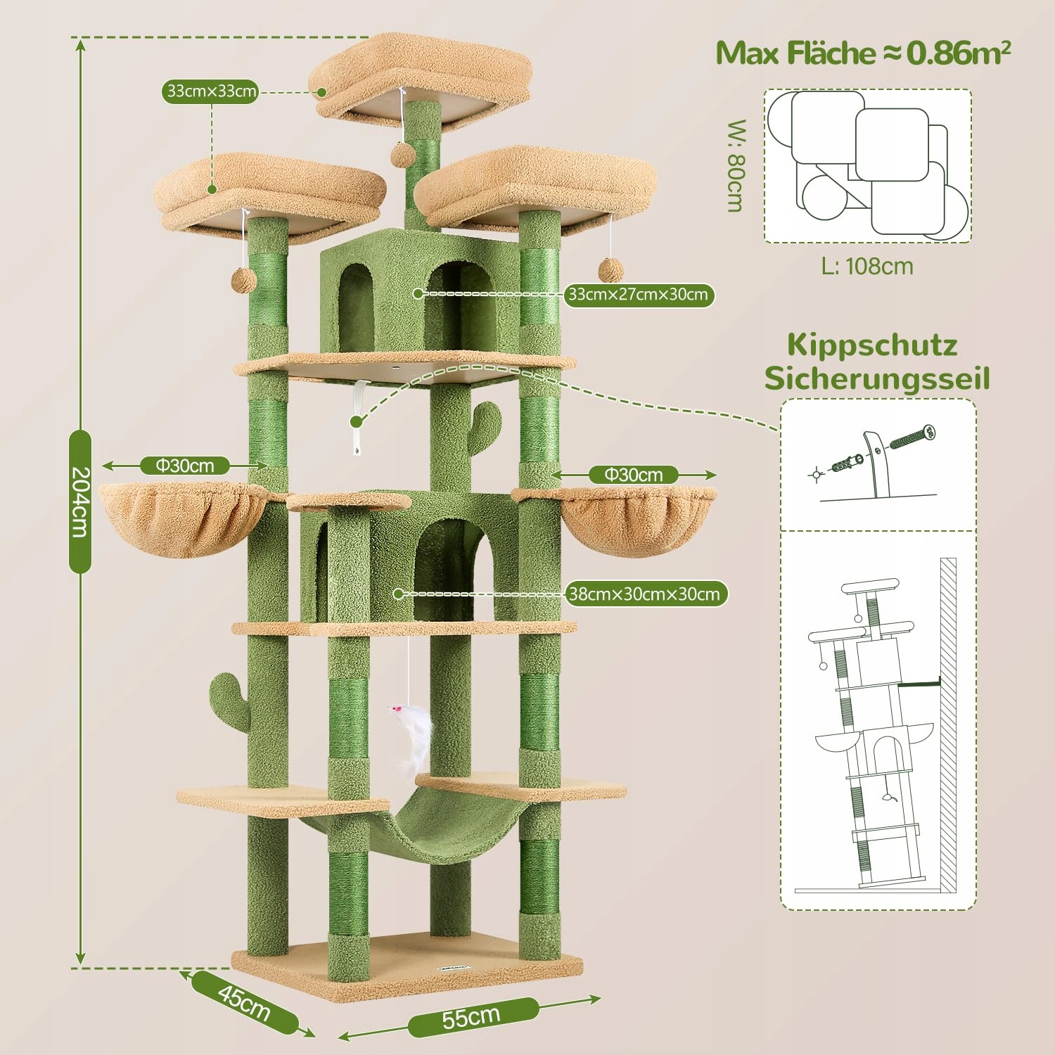 GLOBLAZER Drapak Kaktus Zielony XXL 203 cm 3 Legowiska 2 Domki 2 Kosze — miniatura 6
