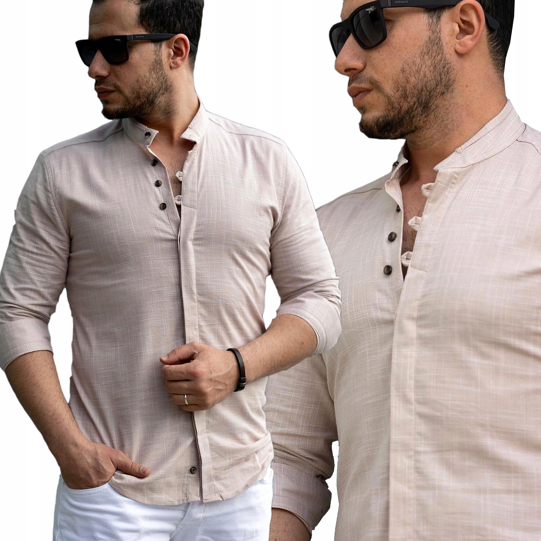 Pánská košile ležérní, lněná, s límečkem stojáčkem – různé barvy