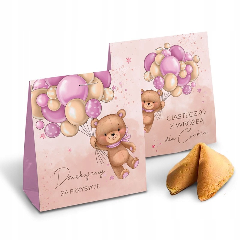 CIASTECZKA z wróżbą na Chrzest i Roczek Miś i baloniki róż 12szt
