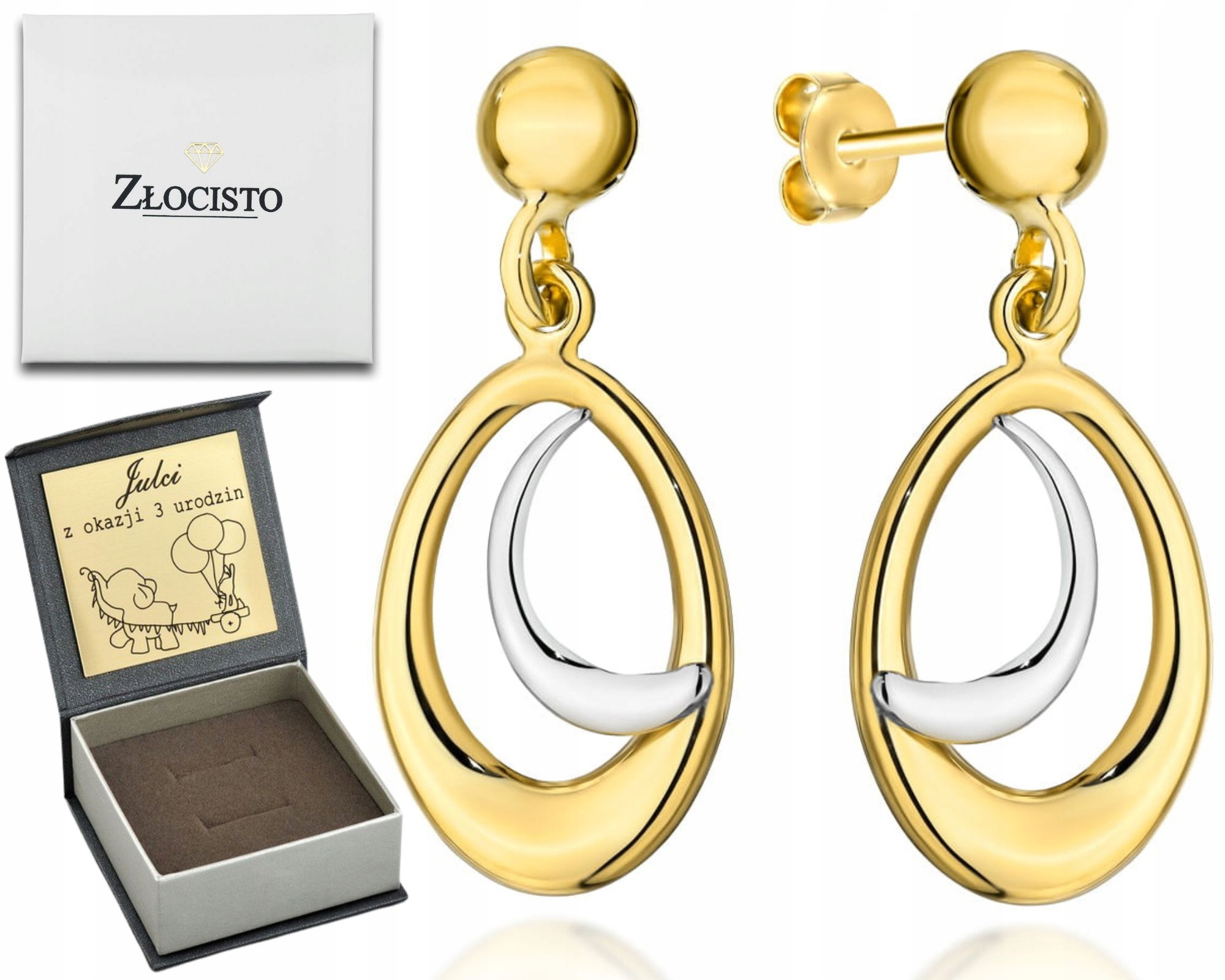 Zlaté Náušnice Ovál Měsíc V Bílém Zlatě Gravírování