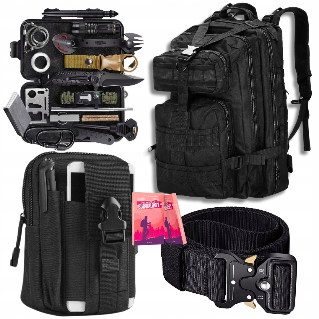 Saszetka Cargo Pas Czarny 120 cm Plecak Militarny 35L Survival Kit 32 el