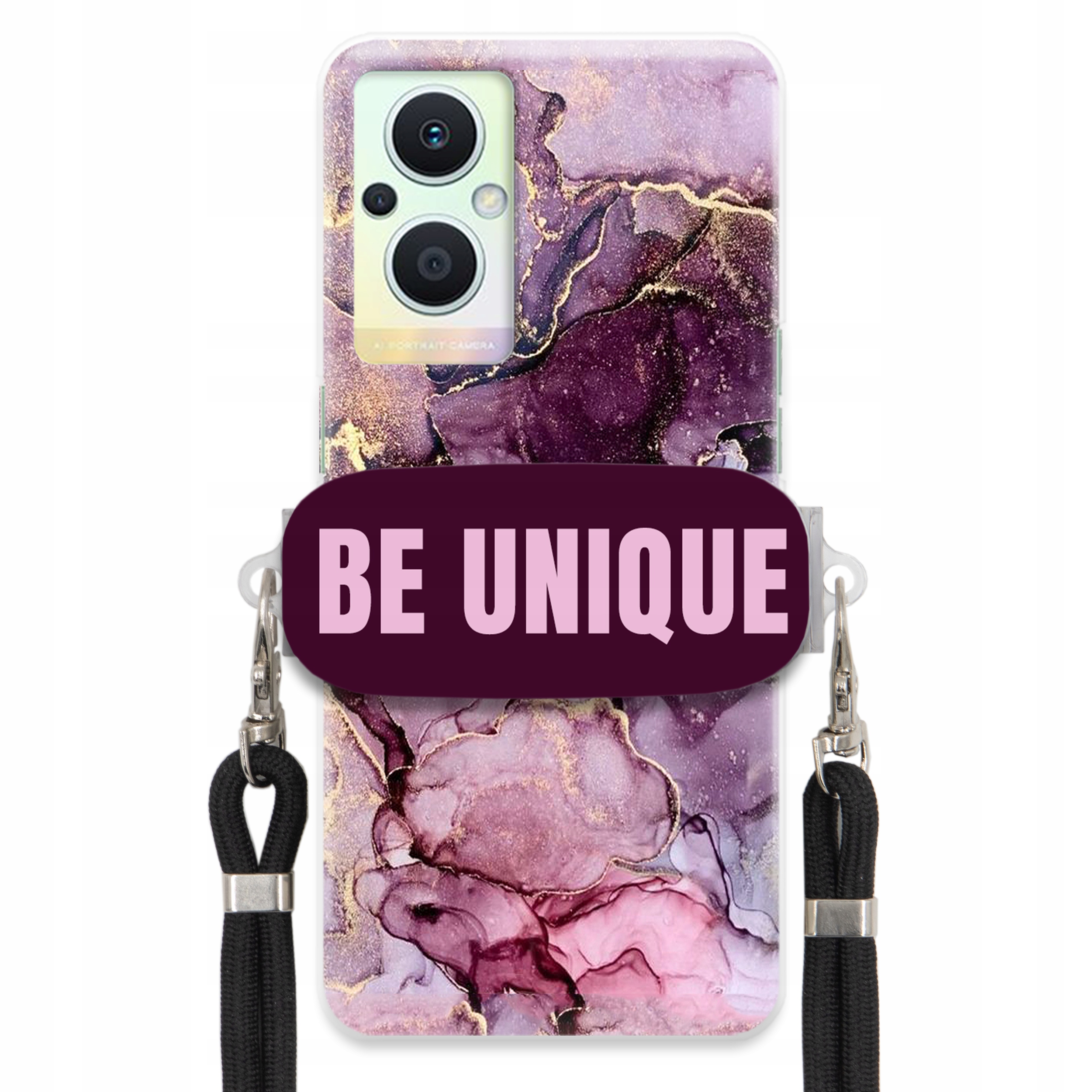 Puzdro pre Oppo Reno 8 Lite držiak na šnúrku Čierna Fialová Mramor Be Unique