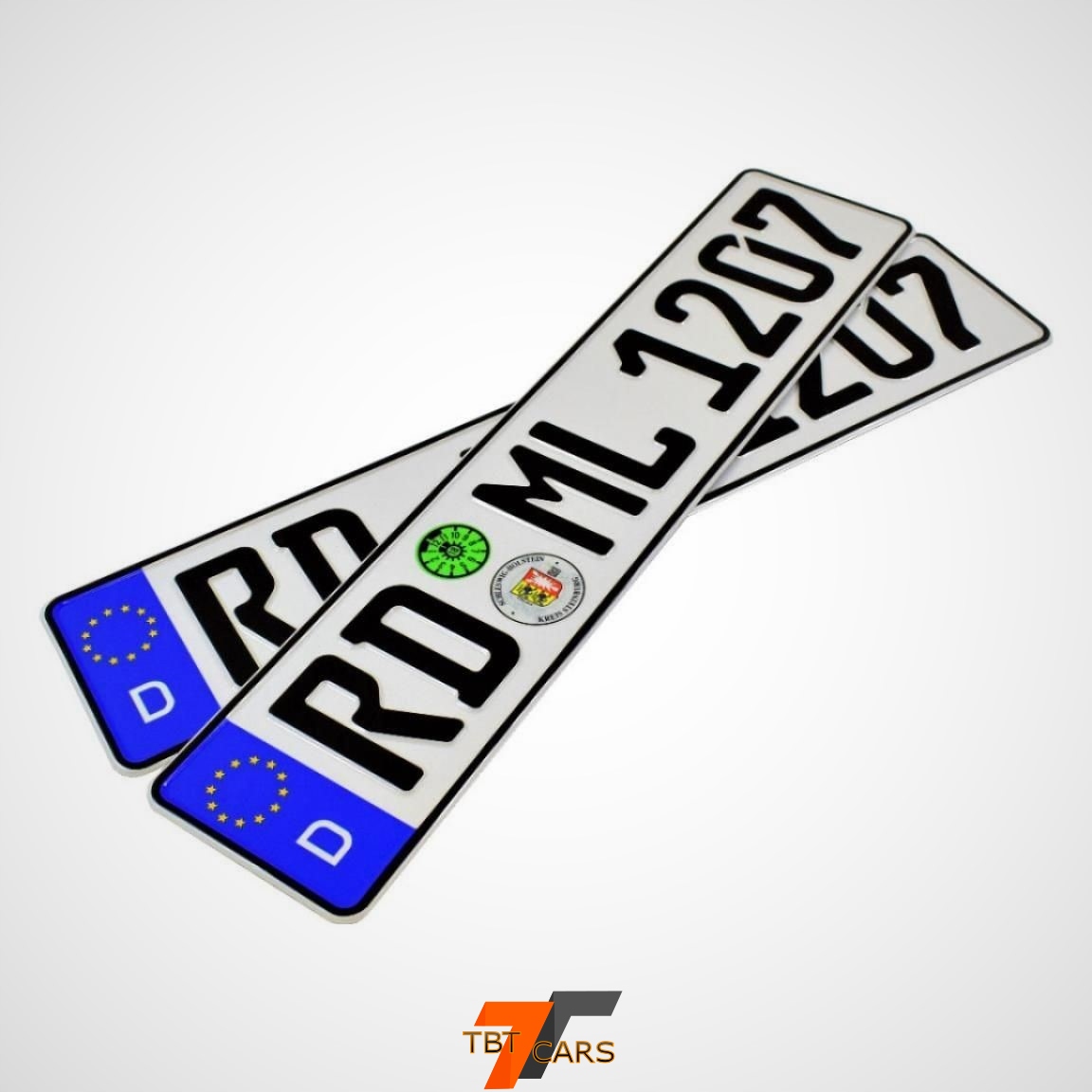 Tablice rejestracyjne, niemieckie z naklejkami. Producent TBT Cars