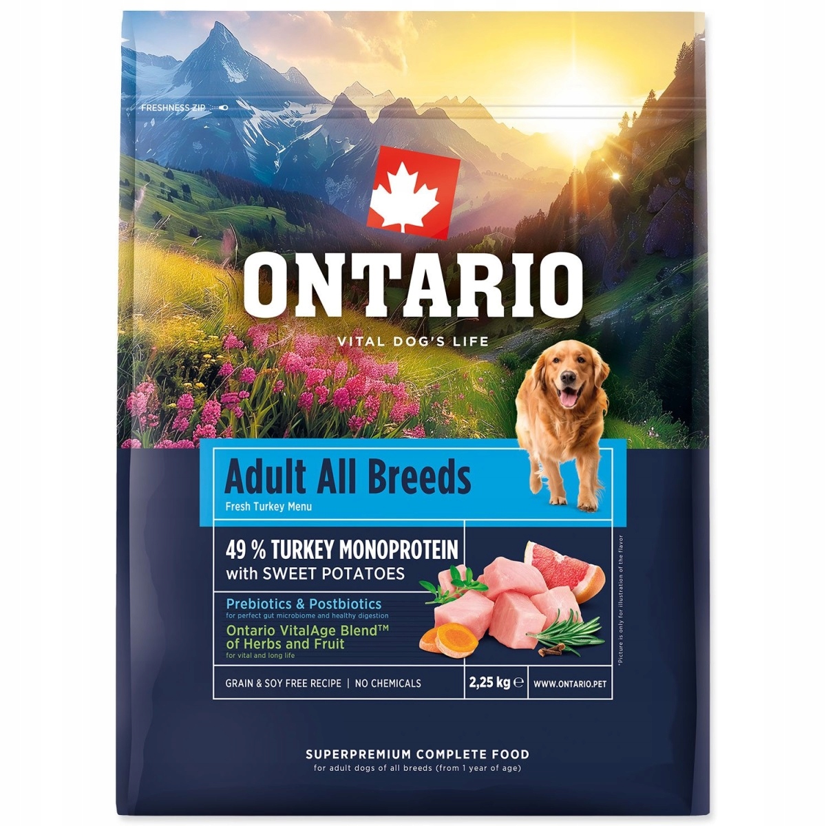 Levně Krmivo Ontario Adult All Breeds Monoprotein Turkey & Sweet Potatoes 2,25kg