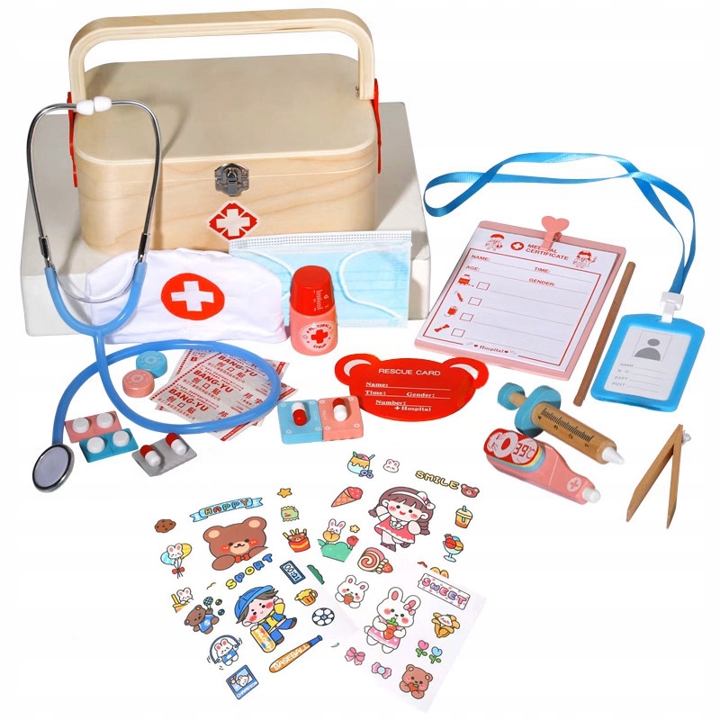 MAŁY LEKARZ DOKTOR ZESTAW DREWNIANY LEKARSKI DLA DZIECI STETOSKOP Rola lekarz