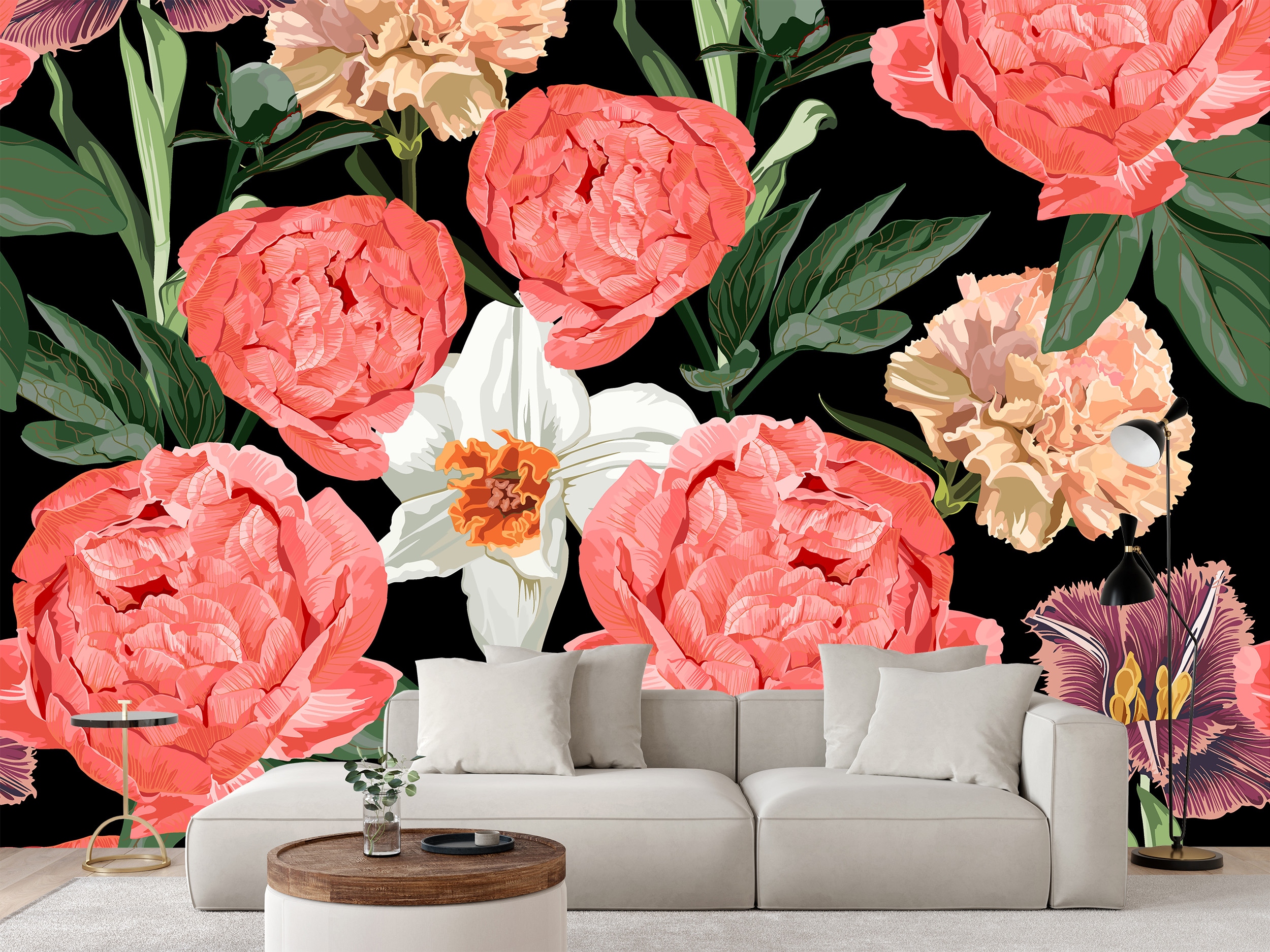Fototapeta Ilustrace Květiny Pivoňky Tulipány Květiny 360 x 240 cm