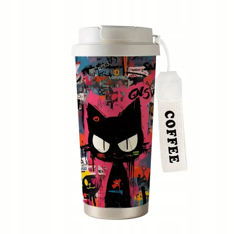 Termohrnek termoska velká 530 ml Černá Kočka kočky Pop Art Graffiti ocelová
